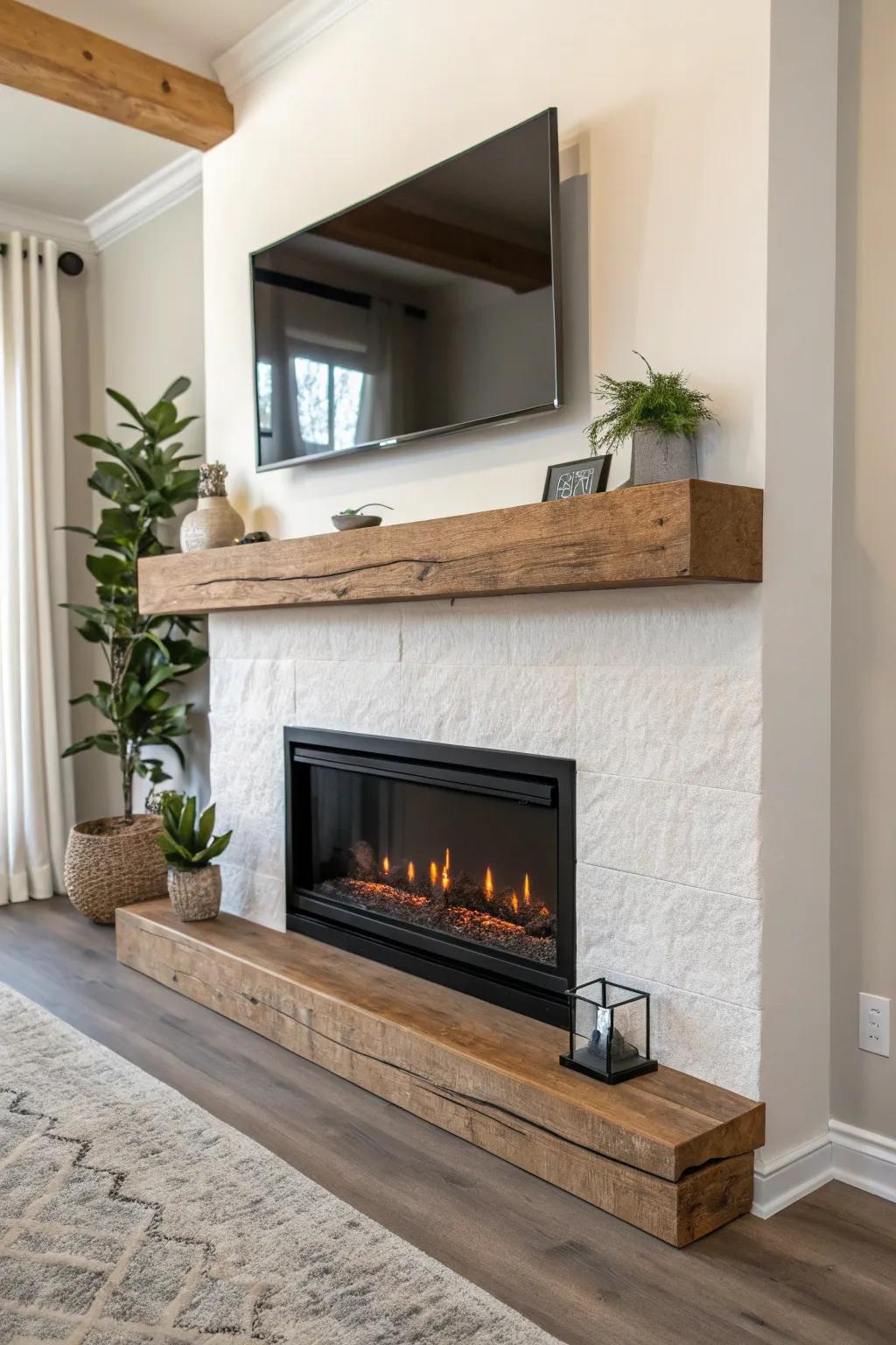 Built-in TV-over-fireplace look—an oak mantel shelf that hides cables and elevates the wall.