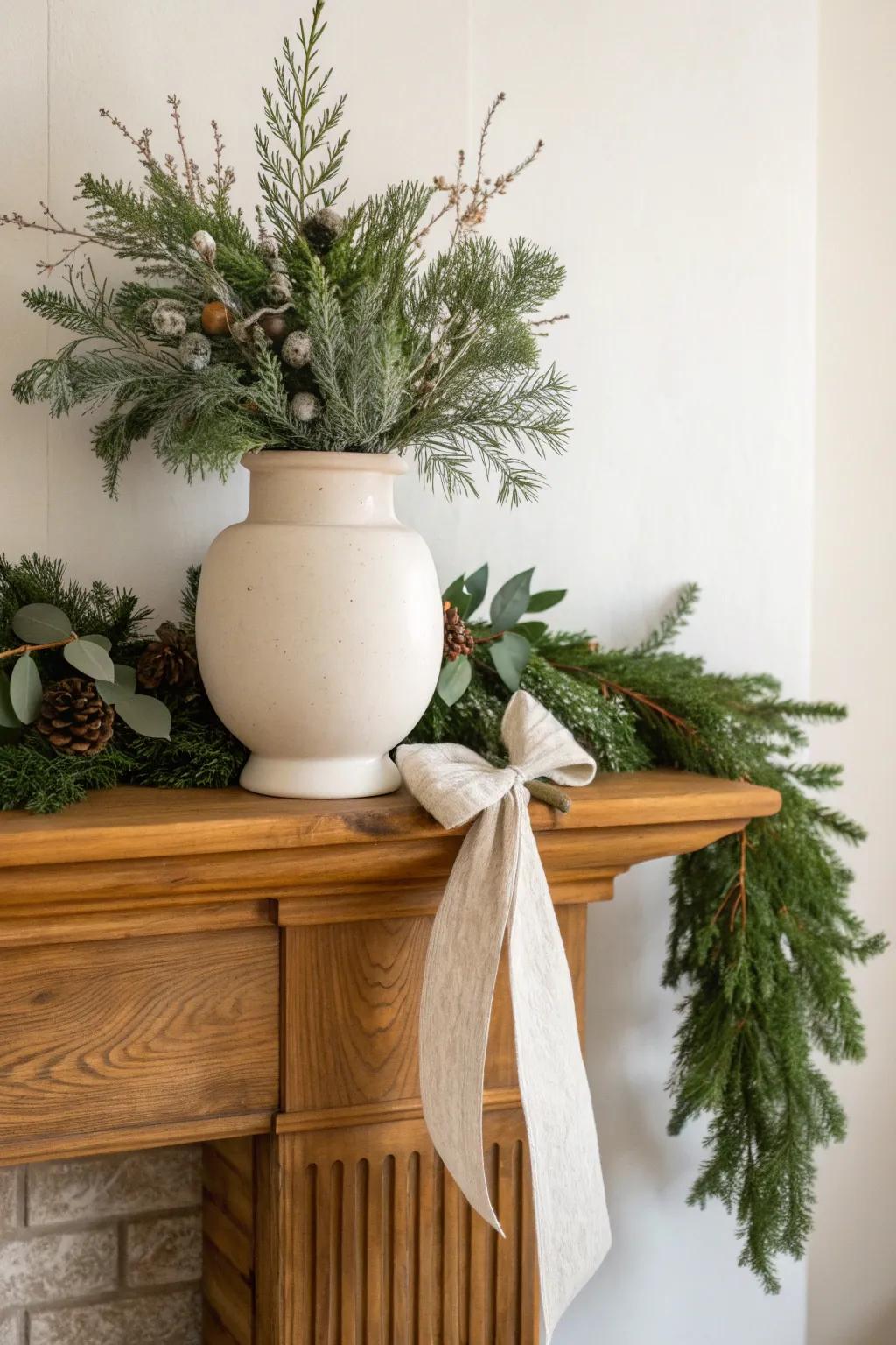 Symmetry starts here: a simple ceramic vase with winter greens on a warm wooden mantel.