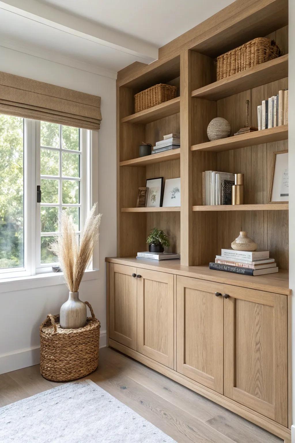 Light oak “built-in” shelves with trim details—minimal, custom-looking, and effortlessly chic.