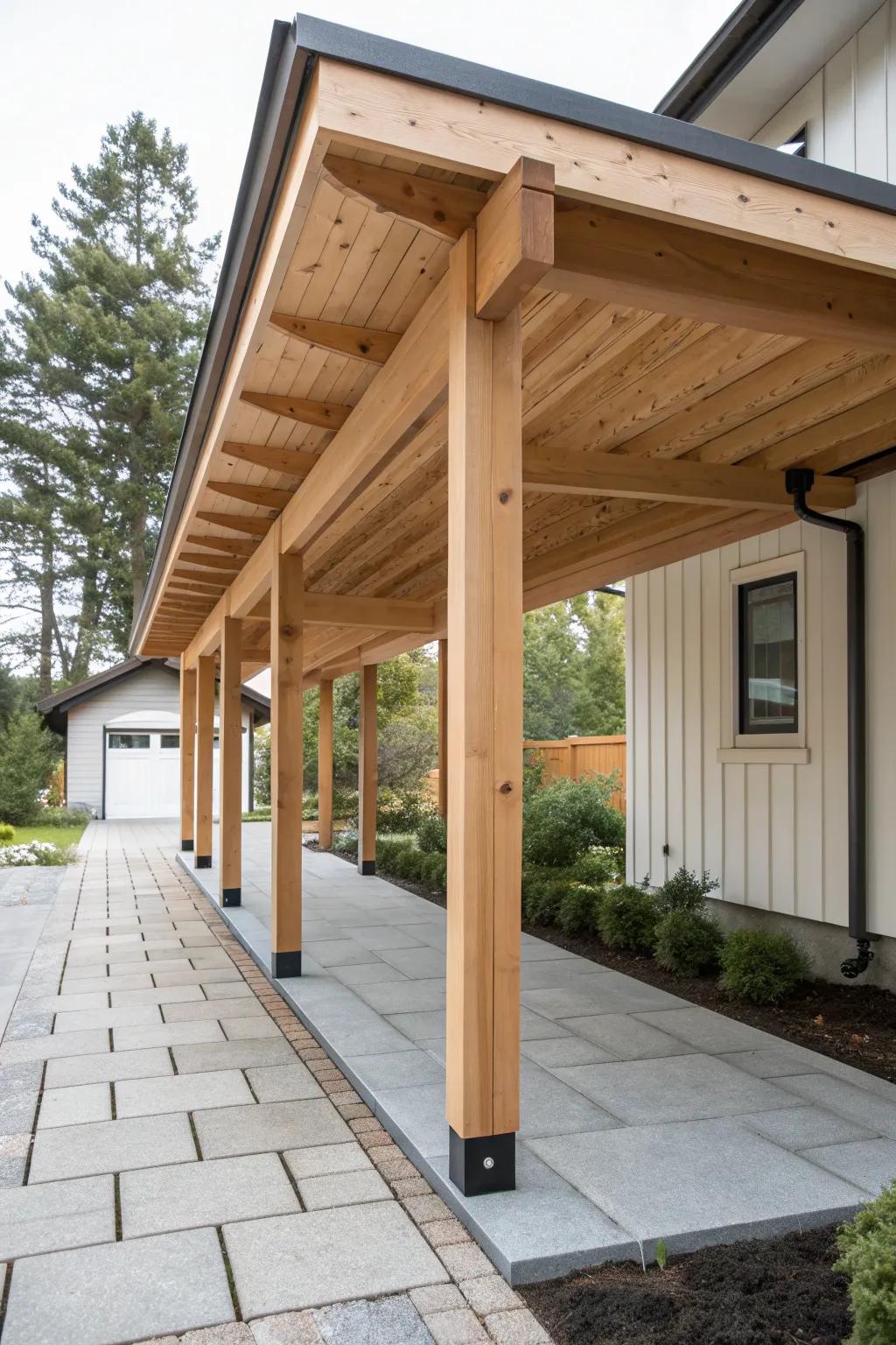 A freestanding roof on four posts creates a dry, elegant walkway to the garage—no flashing fuss.
