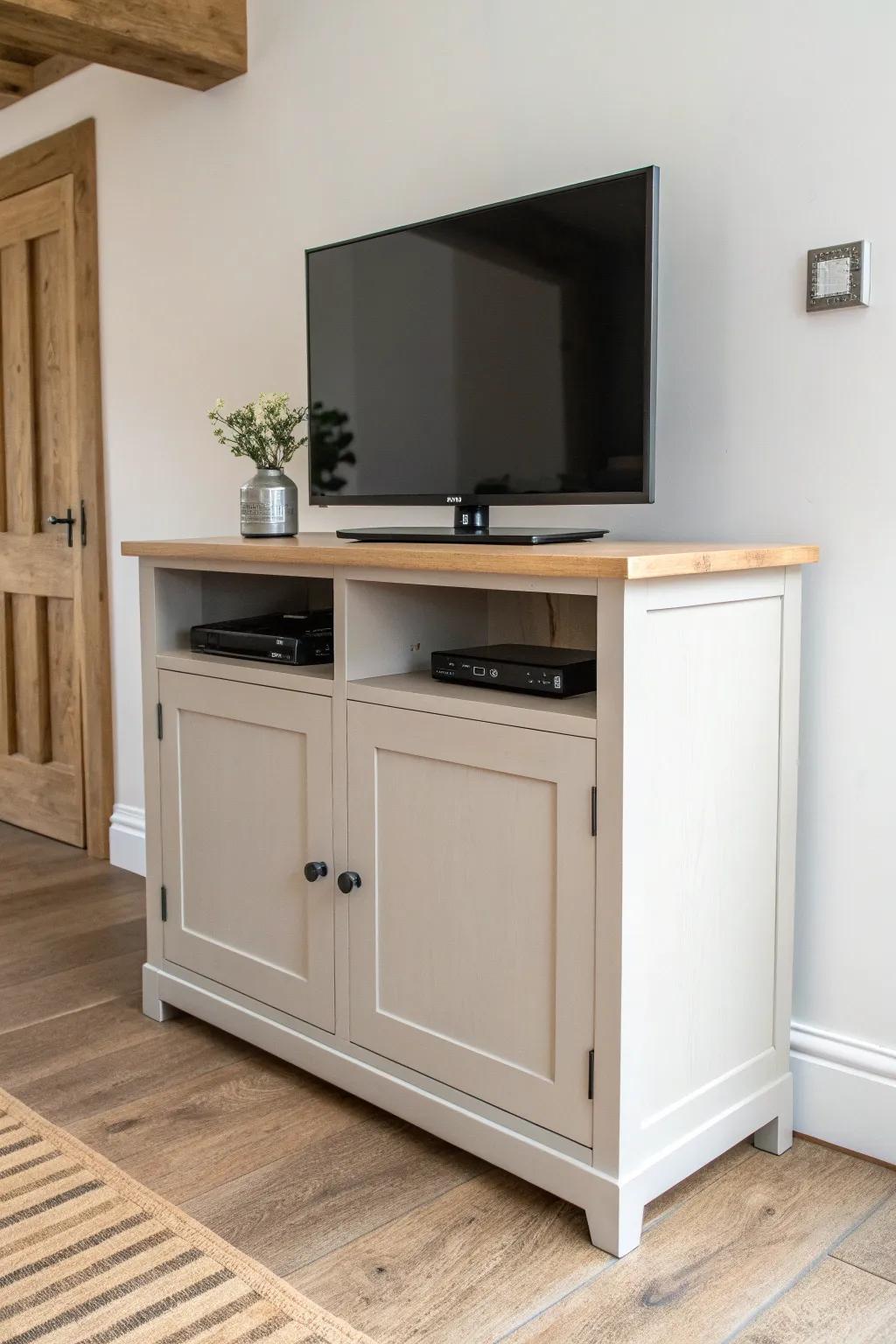 Farmhouse shaker lift cabinet with a natural oak top—cozy, clever end-of-bed TV stand.