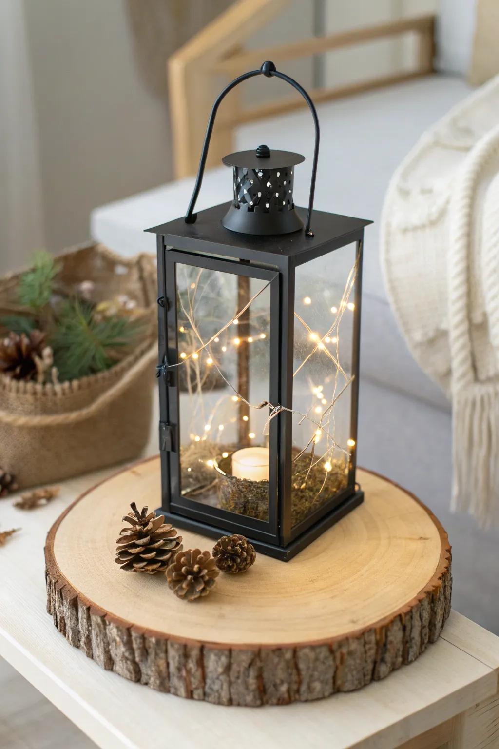 Lantern glow, pinecones, and warm string lights—simple end table Christmas charm.