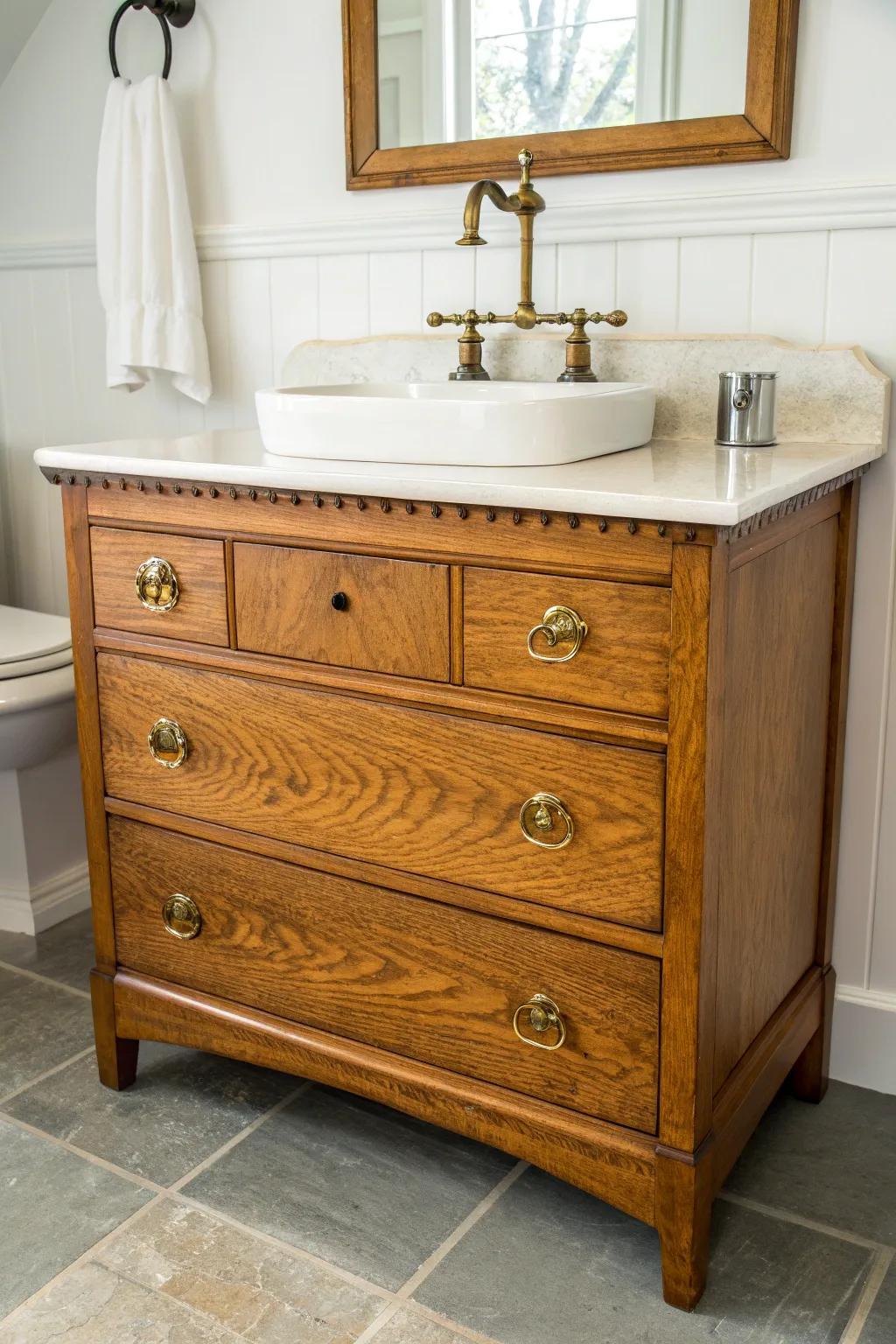 Antique dresser turned vanity—warm wood grain and brass details for a cozy cottage bath.