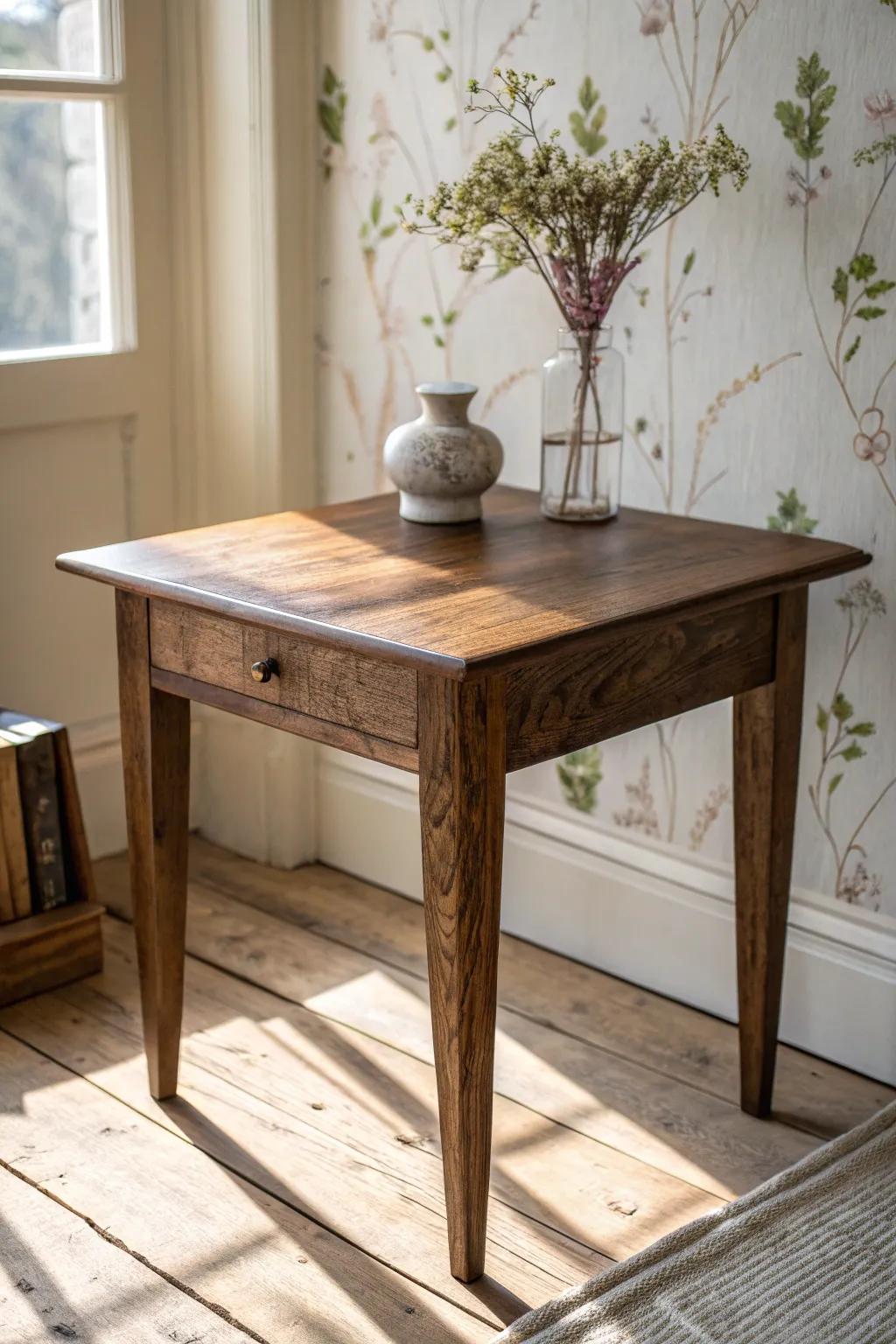 Dark walnut farmhouse table—oiled and waxed to add grounding warmth to a floral cottage room.
