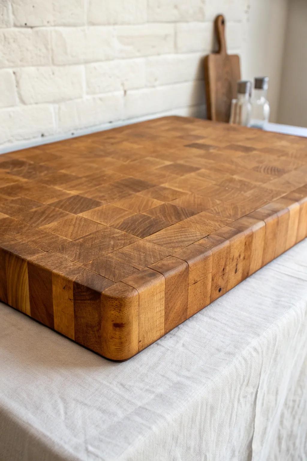 Loved-in butcher block patina: warm nicks, oiled grain, and cottage-kitchen magic.