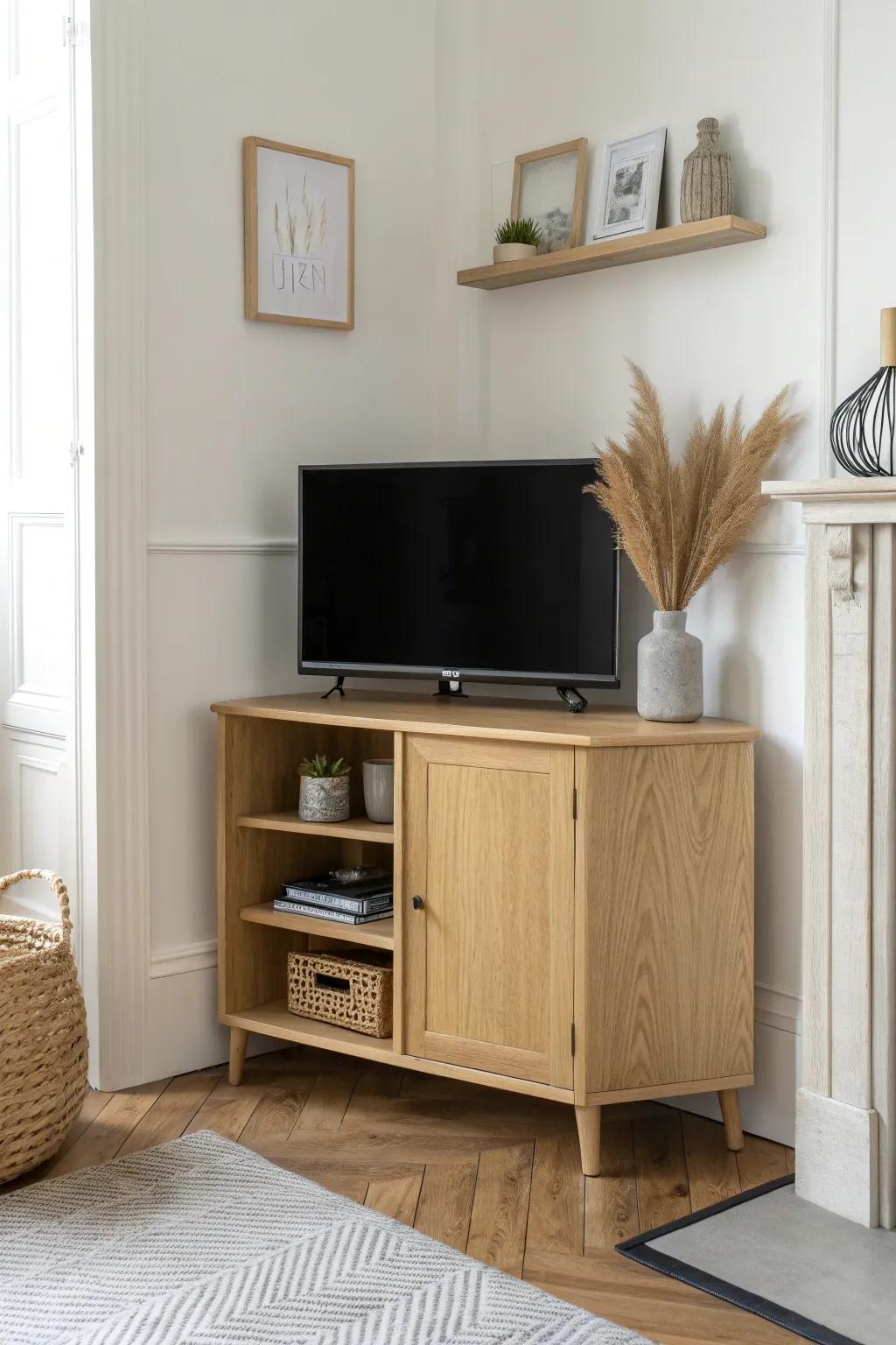 A space-saving corner entertainment center in light oak—minimal, warm, and beautifully crafted.
