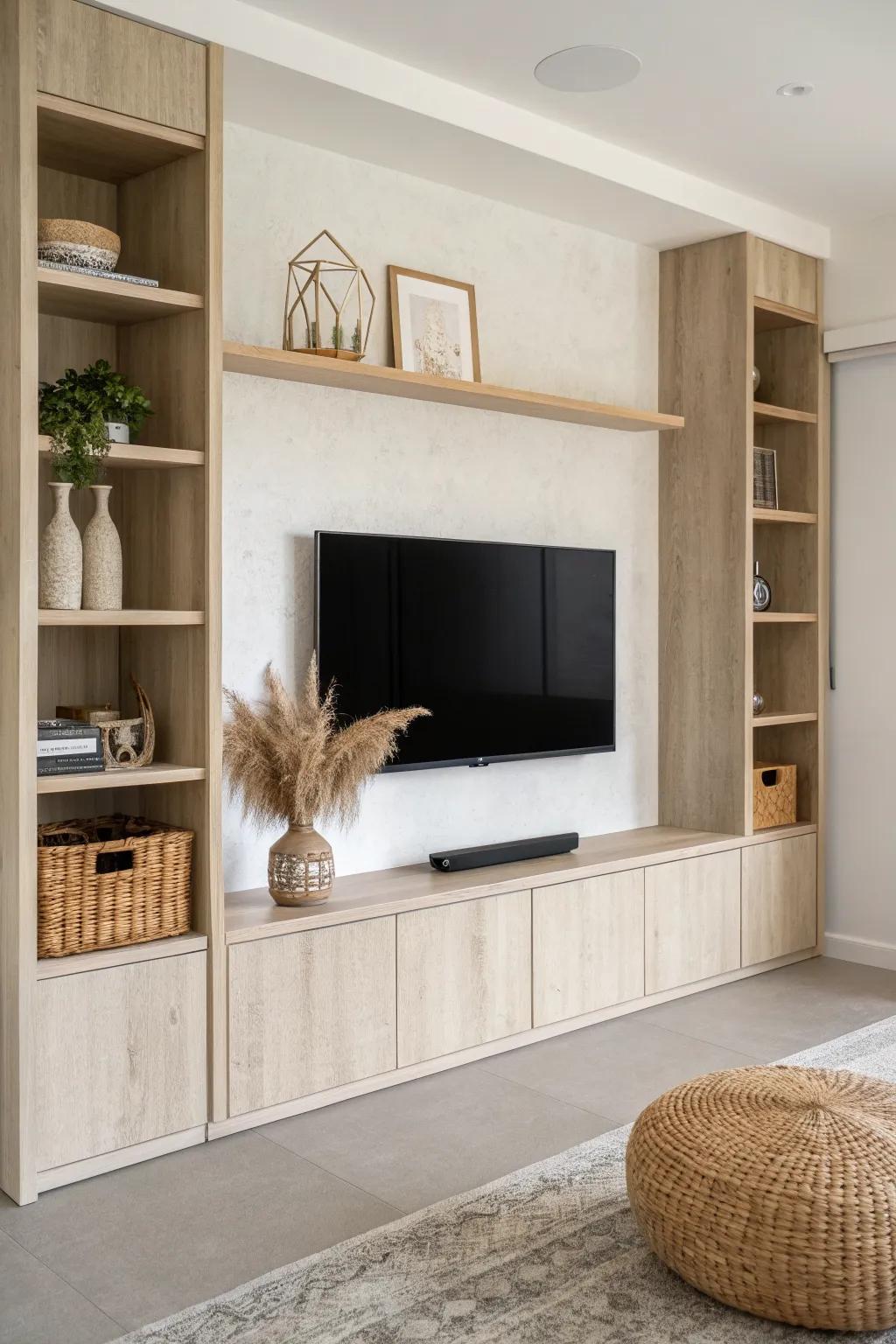Symmetrical oak cabinets and floating shelves frame a wall-mounted TV with calm Nordic balance.
