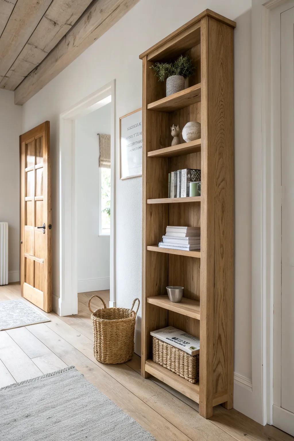 Slim wall-mounted oak bookcase for narrow entryways—tidy basket shelf and airy style.