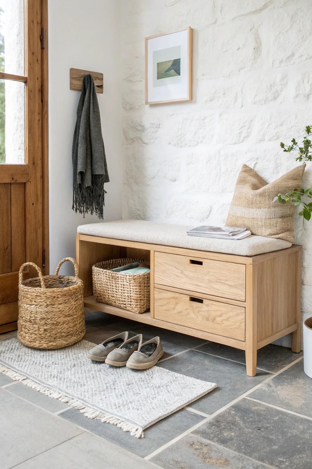 A minimalist oak bench cabinet combo with deep drawers and a shoe cubby—pretty and practical.