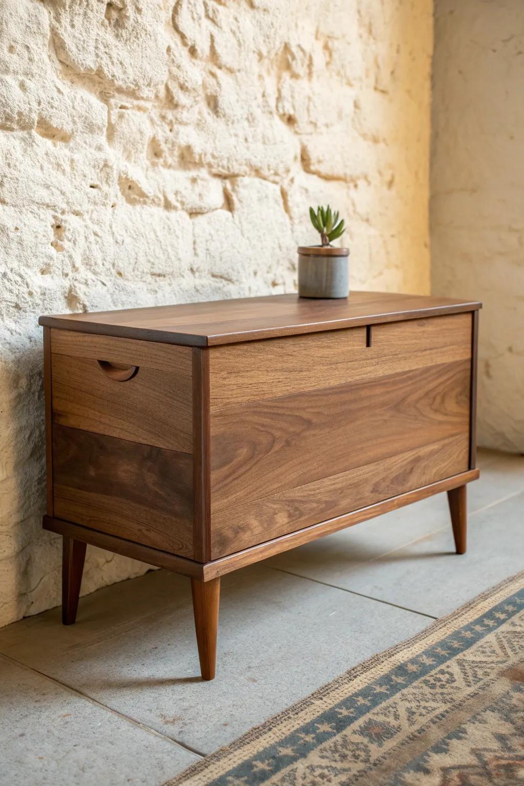 A medium-stain wood chest that blends mixed wood tones for a calm, cohesive entryway.