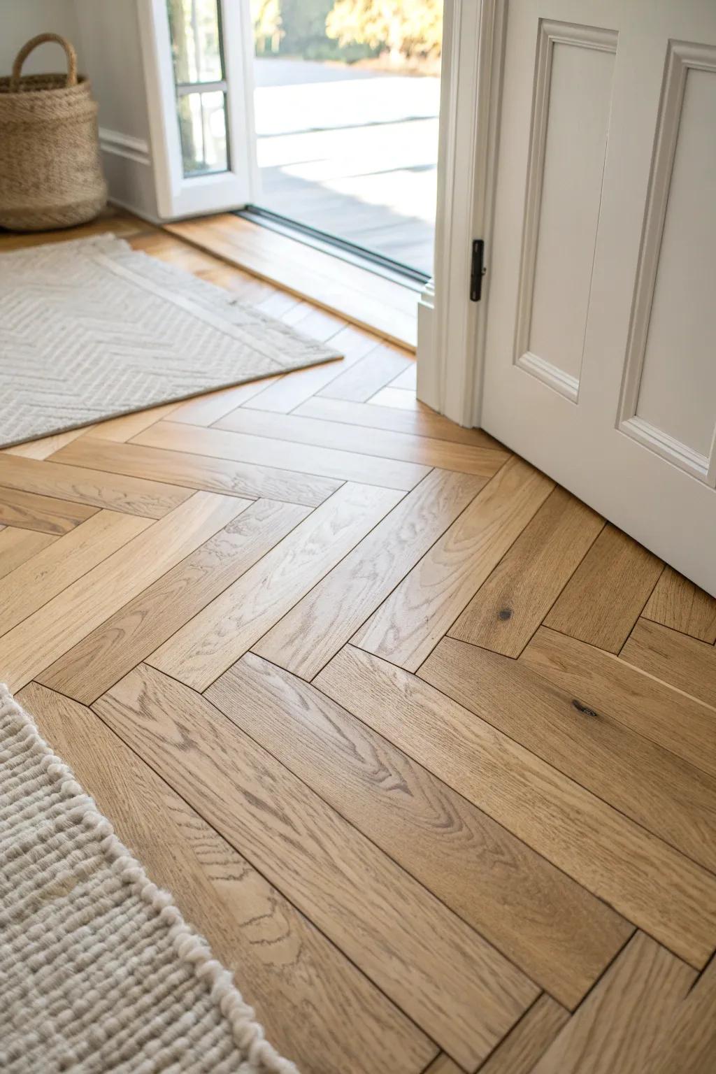 A light oak herringbone floor that turns even a tiny entryway into a standout foyer.