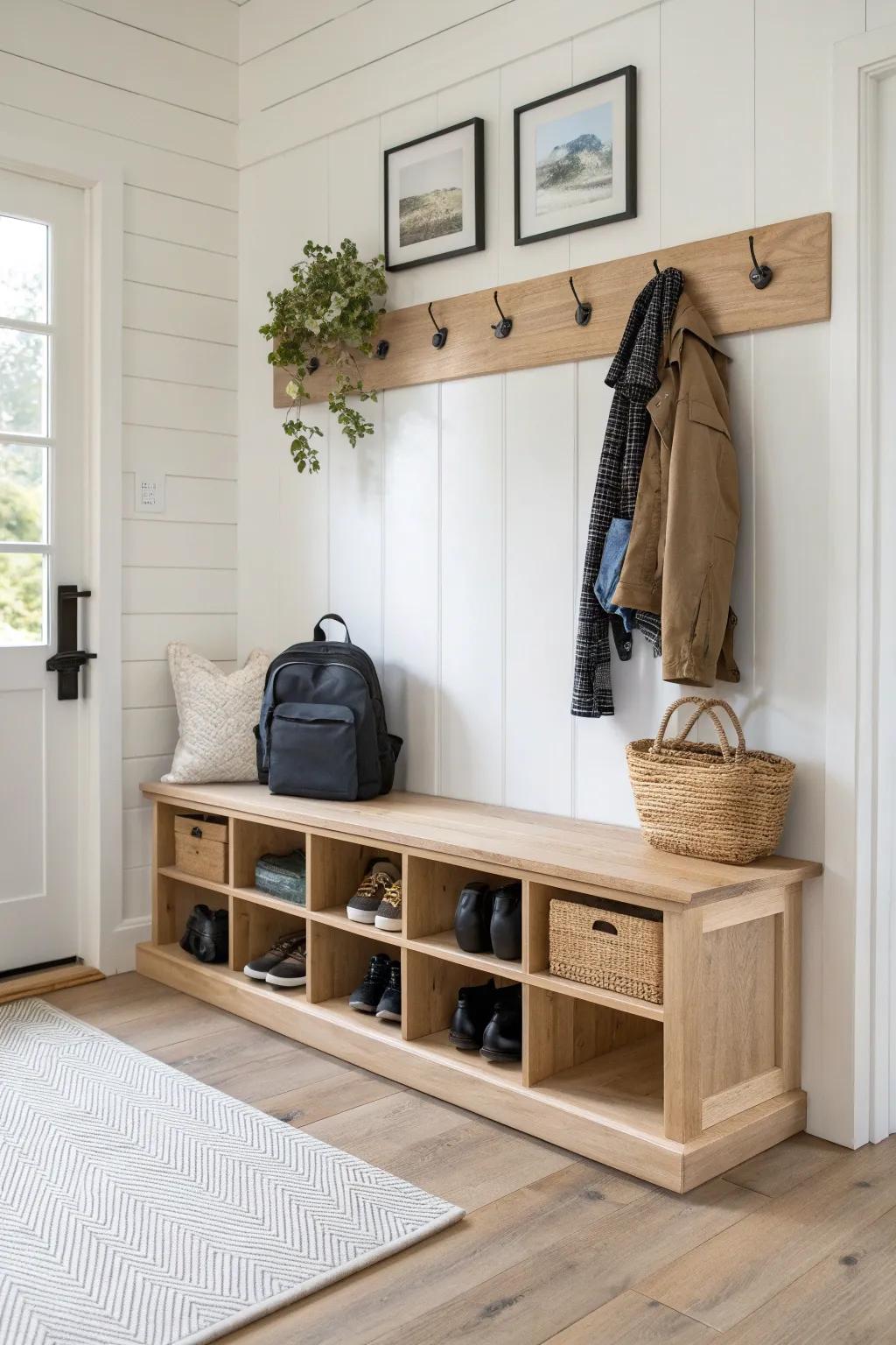 A calm built-in bench with cubbies and sleek hooks—organized, warm wood, and family-ready.