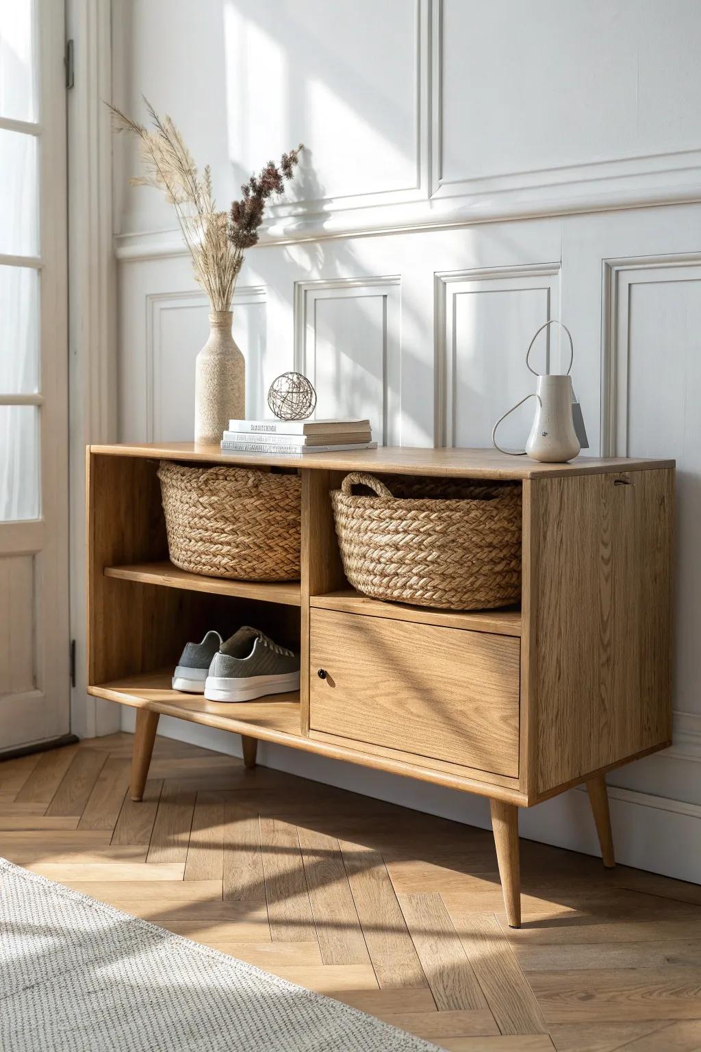Woven basket shoe-drop storage under a light oak sideboard—hidden clutter, calm entryway.
