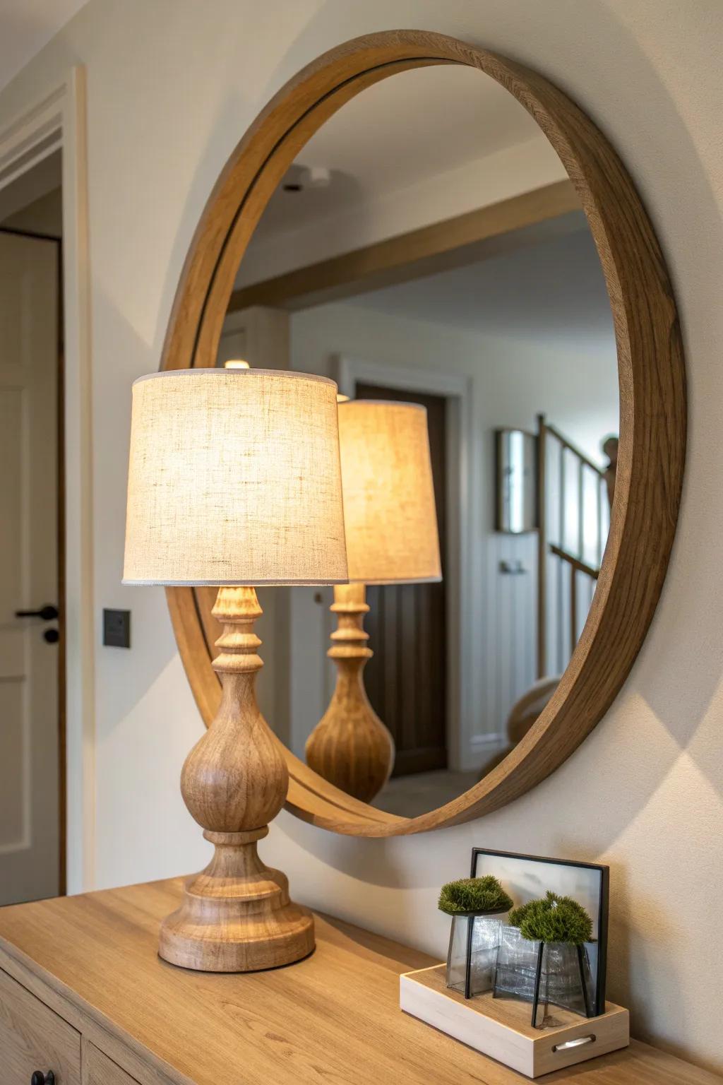 A warm table lamp set before a mirror doubles the glow and makes wood grain look richer.