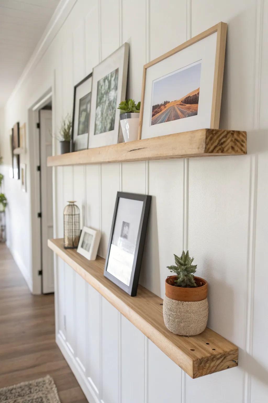 Style a floating picture ledge in your entryway—layer frames, art, and a tiny plant effortlessly.