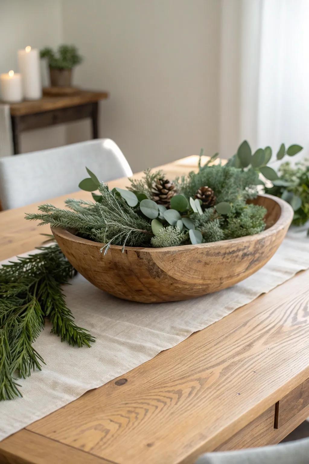 Rustic wood dough bowl + fresh evergreens: a low, effortless centerpiece with natural charm.
