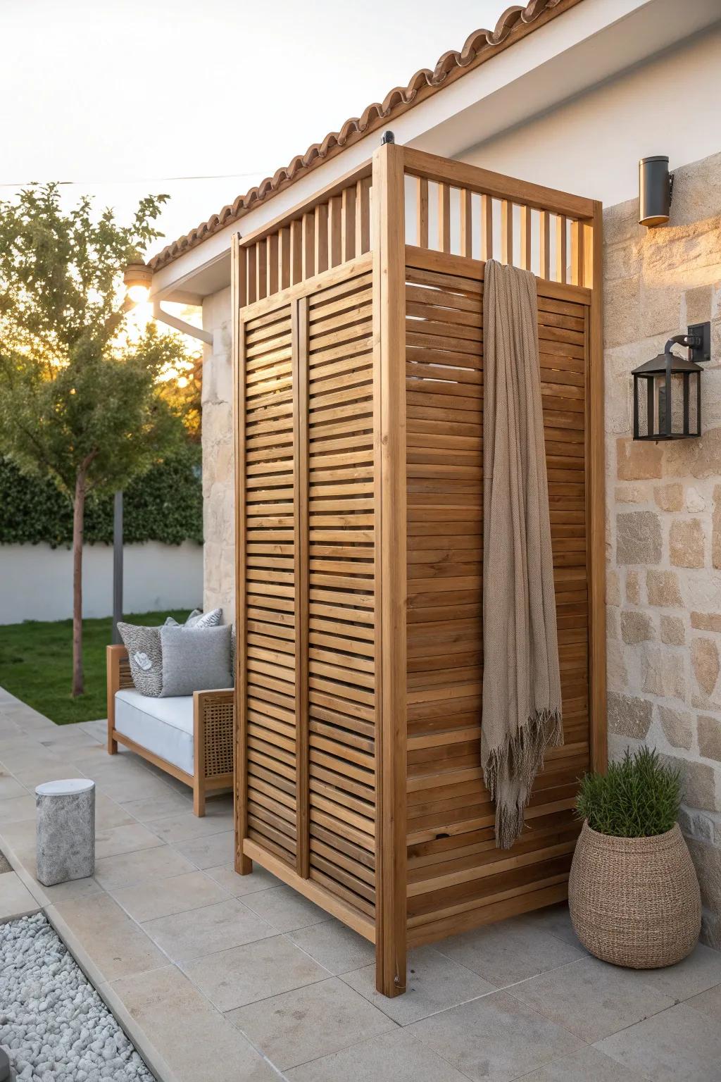 Semi-open cedar slat screen: breezy at the top, private at eye level—simple patio calm.