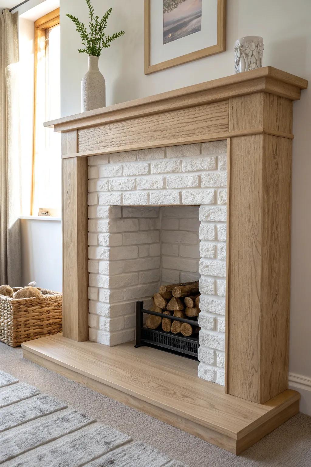 Whitewashed faux brick backing turns a fake fireplace firebox into a textured, believable focal point.