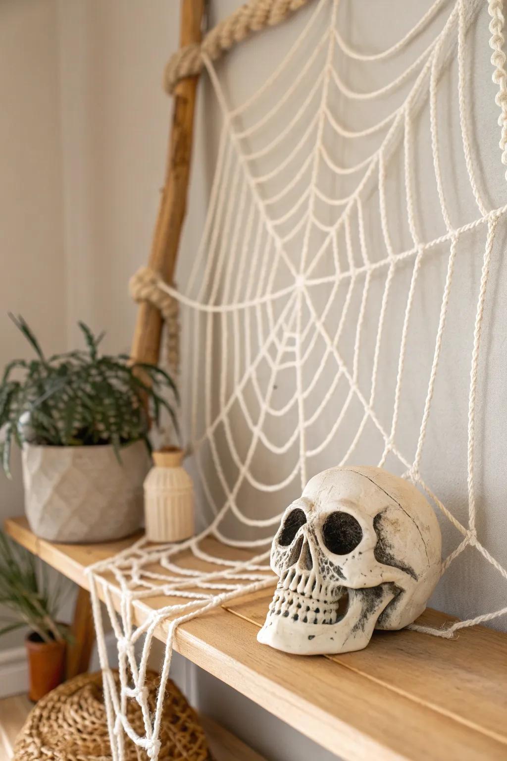 Elevate your Halloween decor with minimalist boho charm: a handcrafted skull nestled in delicate webs.