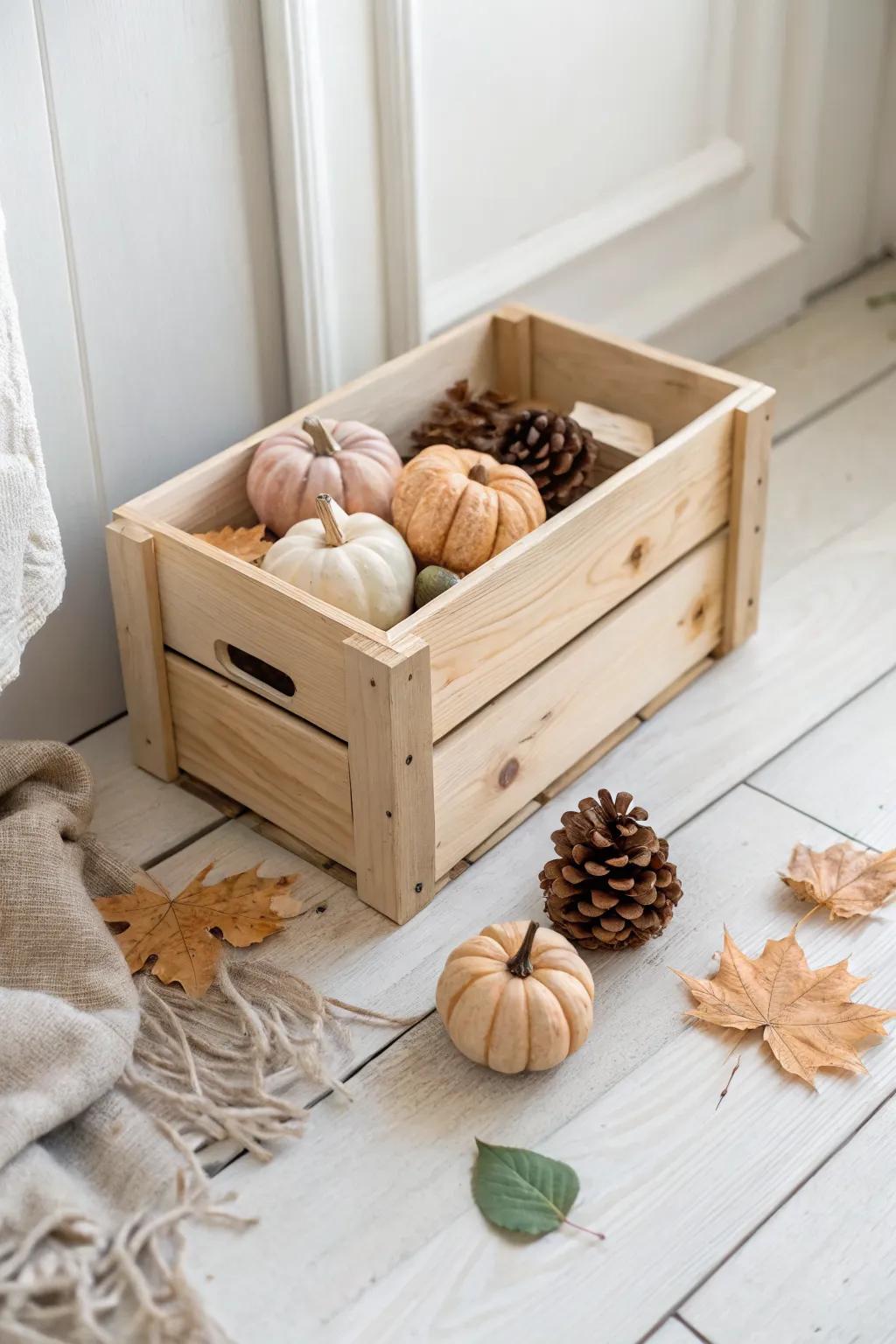 Tipped wooden crate with pumpkins and pinecones spilling out for a cozy fall entryway moment.