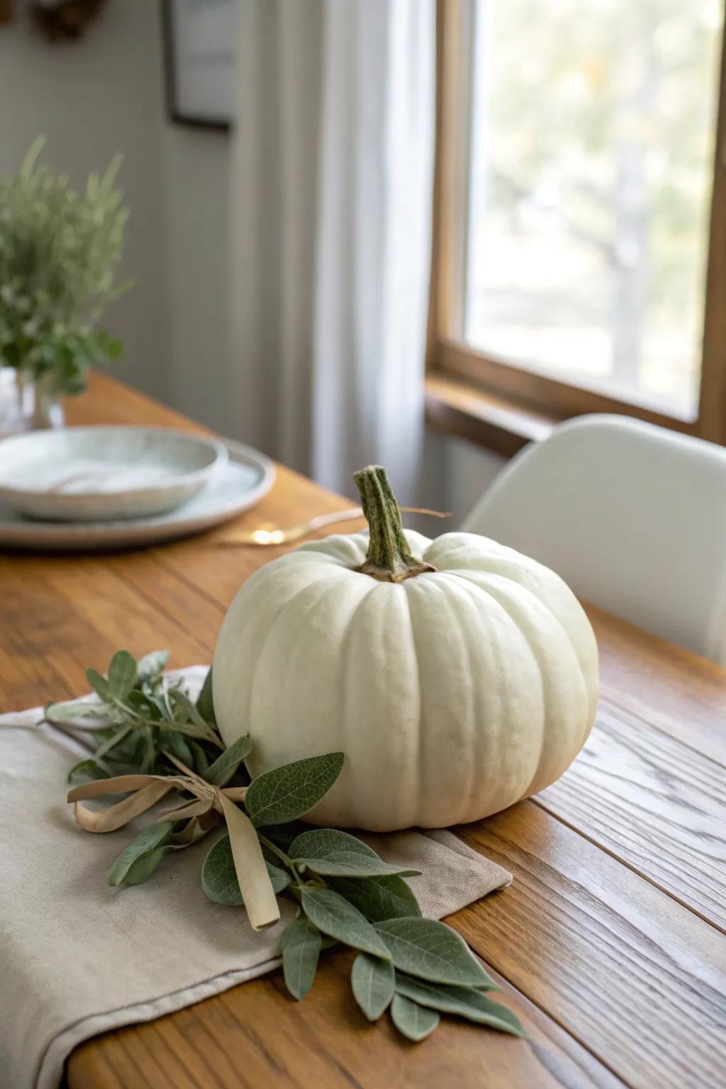 White pumpkin + sage greenery for a clean fall centerpiece that lets wood grain shine.