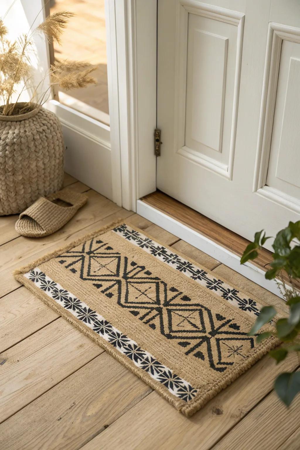 Layer a patterned doormat over a neutral woven rug for an instant cozy fall entryway.