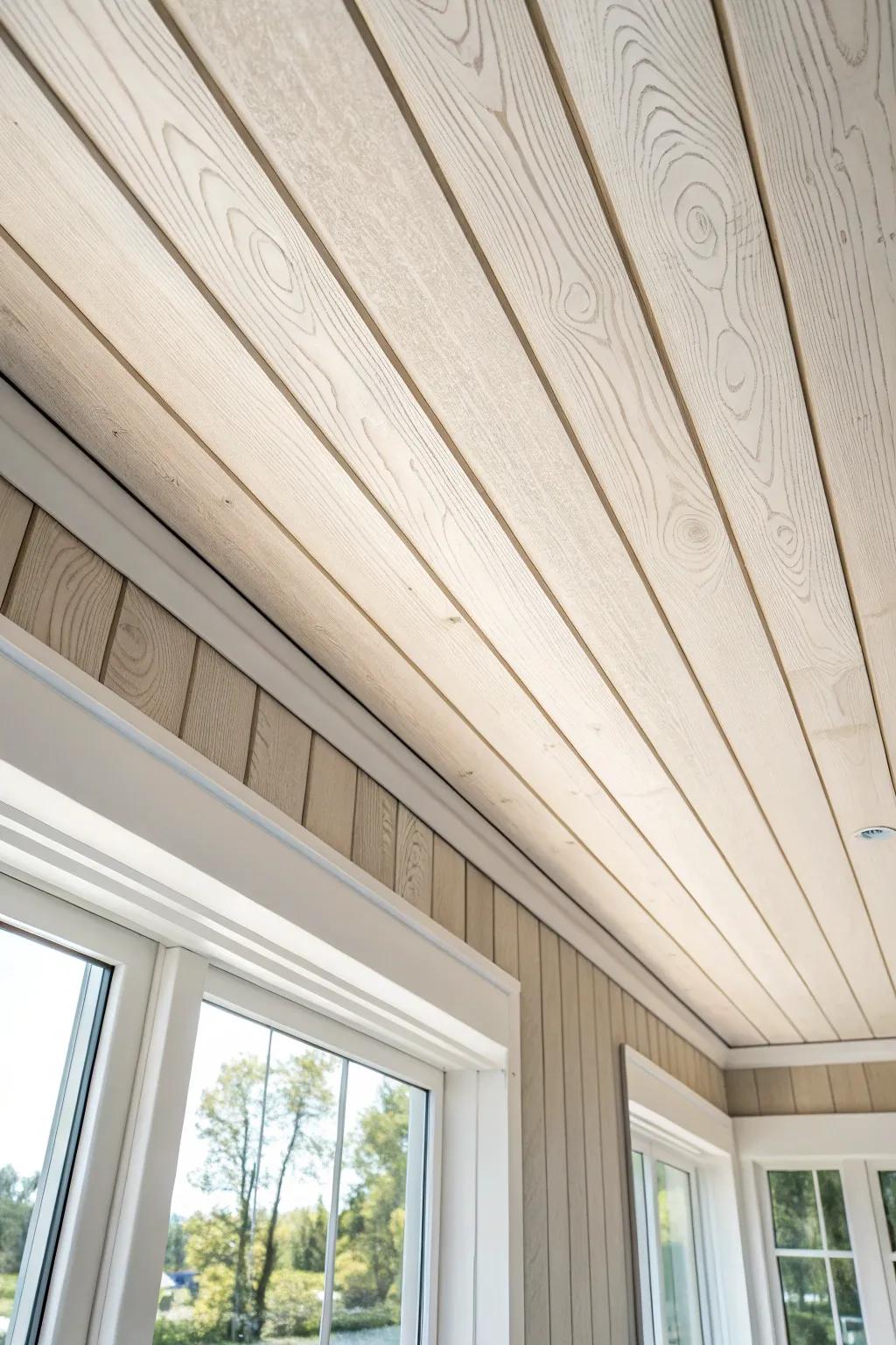 Crisp tongue-and-groove planks add timeless texture and a custom, airy ceiling look.