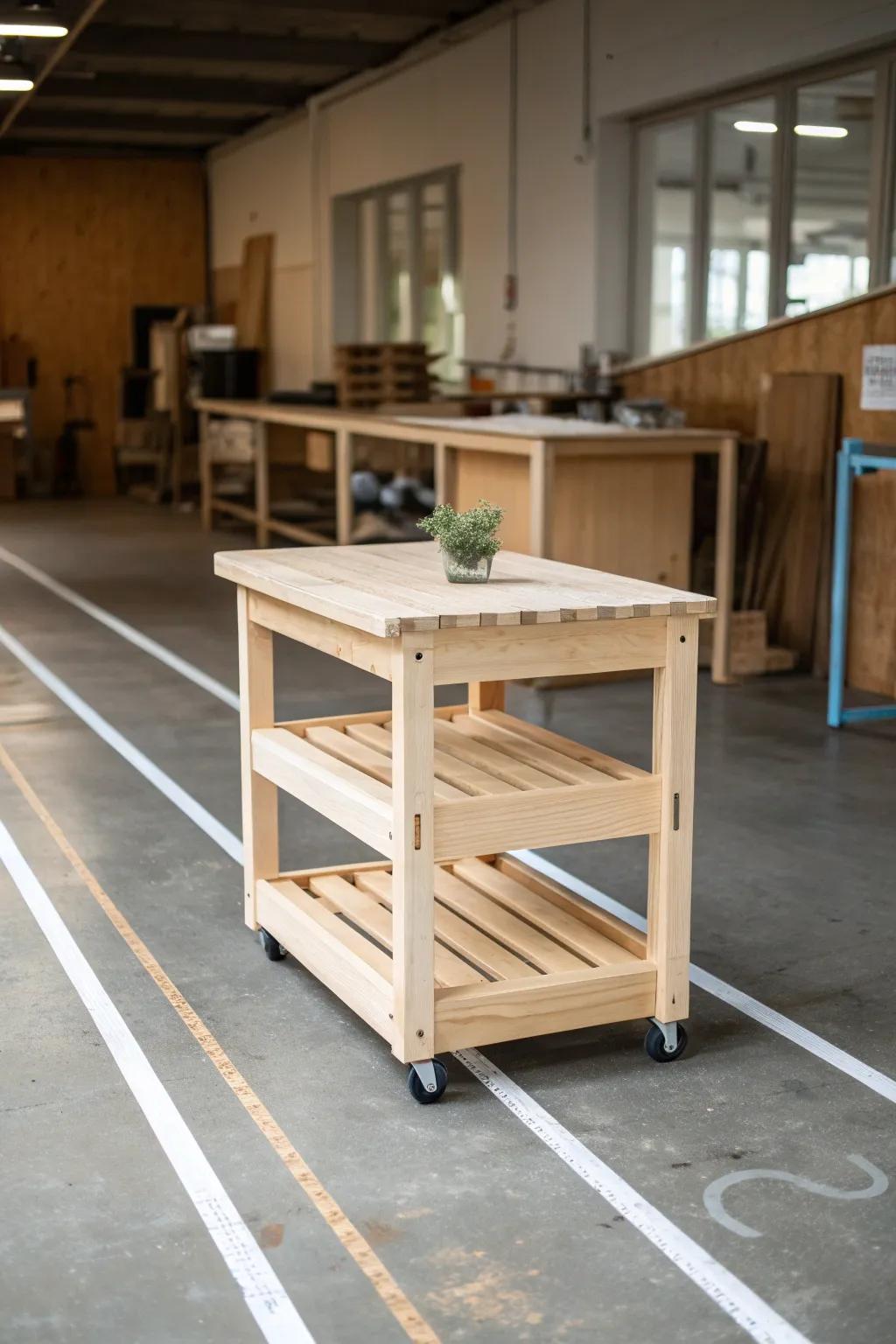 Tape a clean/dirty bay line—one rolling wood cart helps stop mess from traveling.