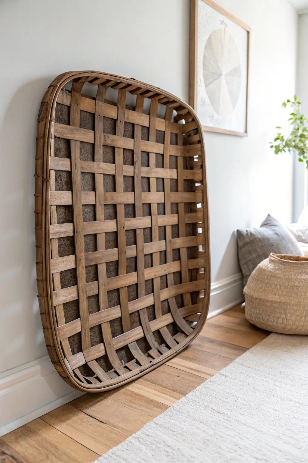 Oversized tobacco basket with dark-waxed edges—farmhouse wall impact, minimal and warm.