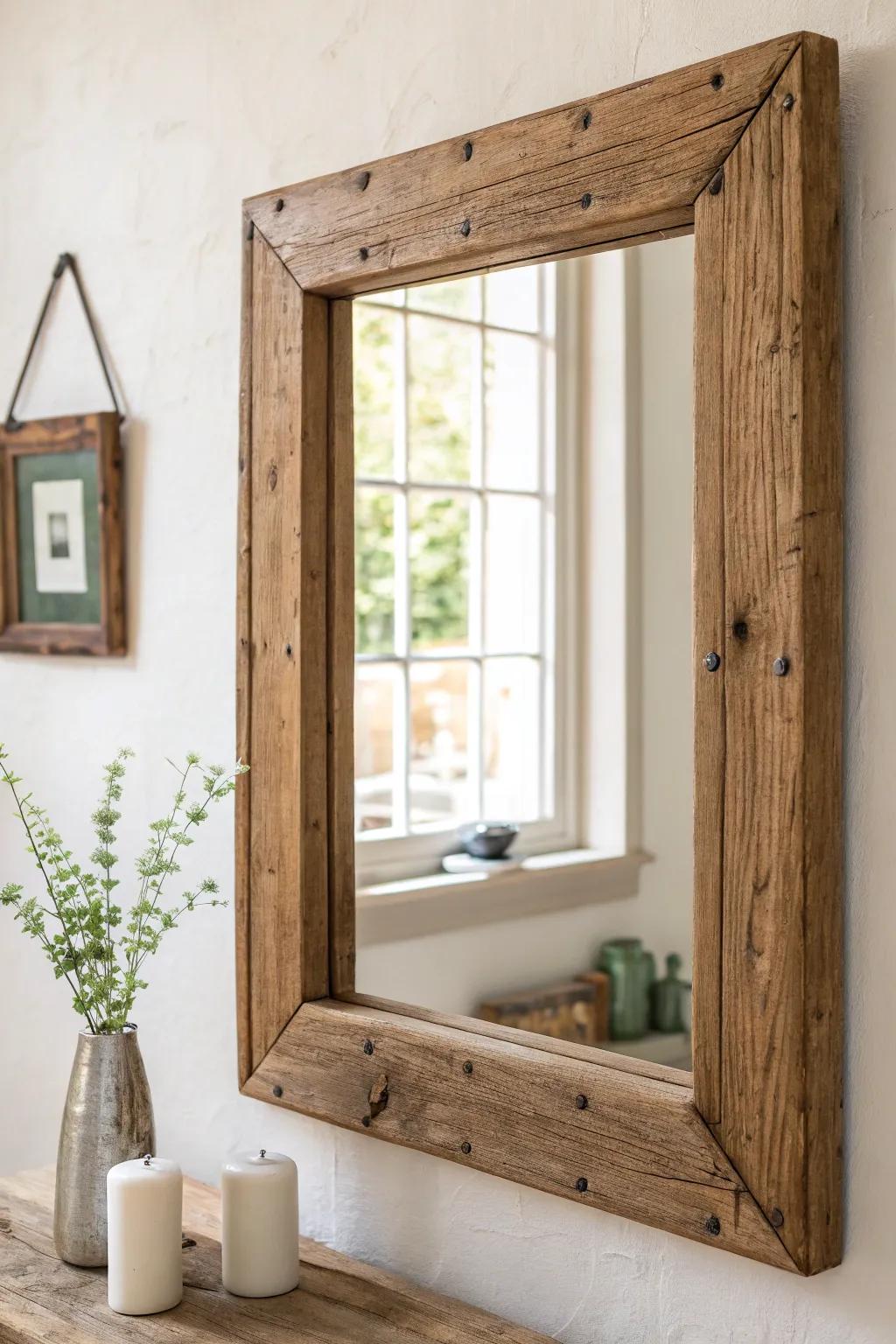 Budget farmhouse charm: a reclaimed-wood frame turns any plain mirror into a statement.