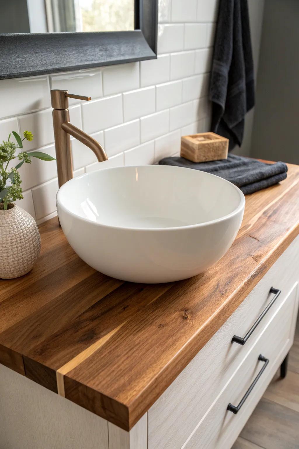 Farmhouse drama: a matte white vessel sink paired with a thick, sealed wood slab top.