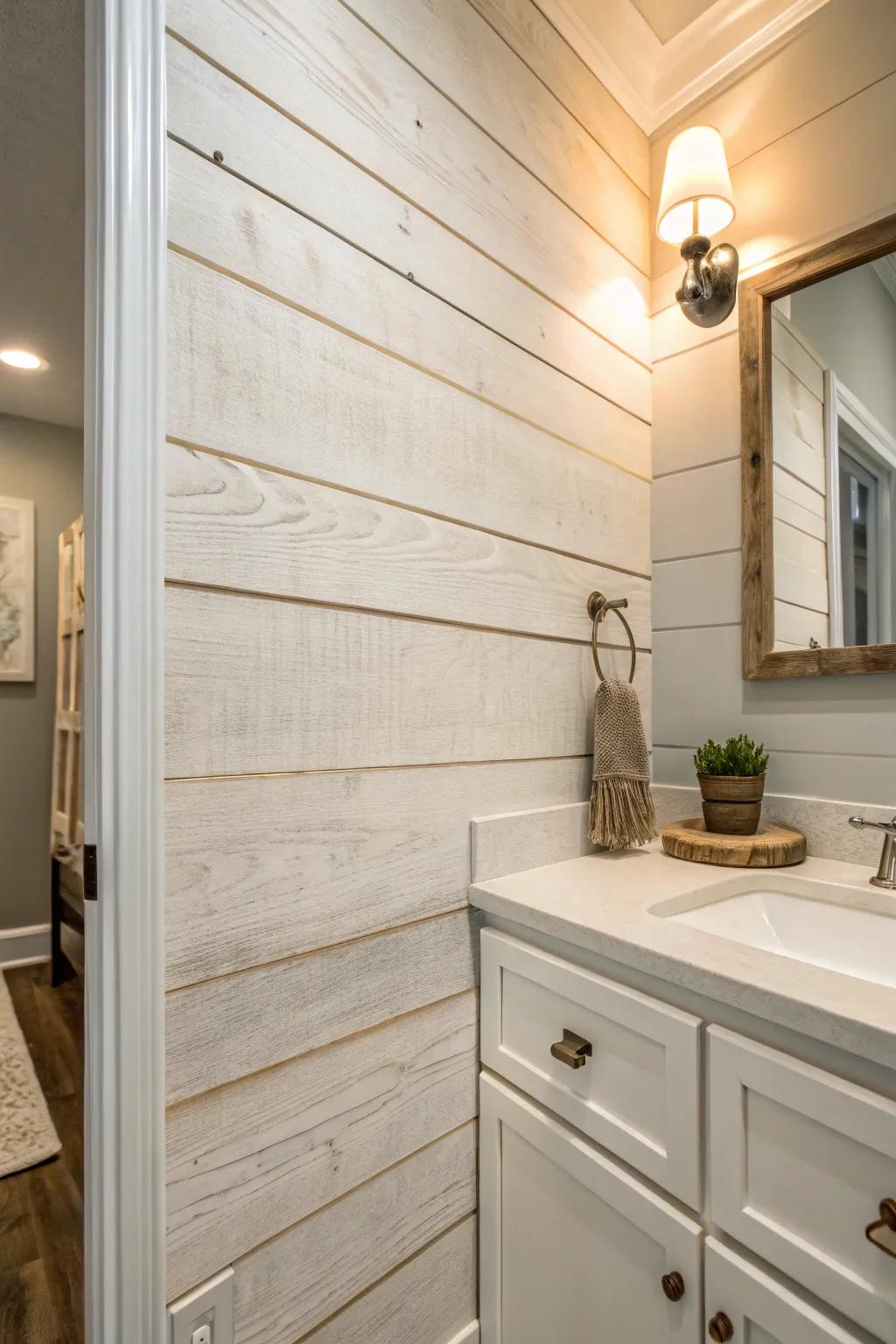 Warm-white shiplap backdrop behind the vanity—clean farmhouse texture with soft, modern contrast.