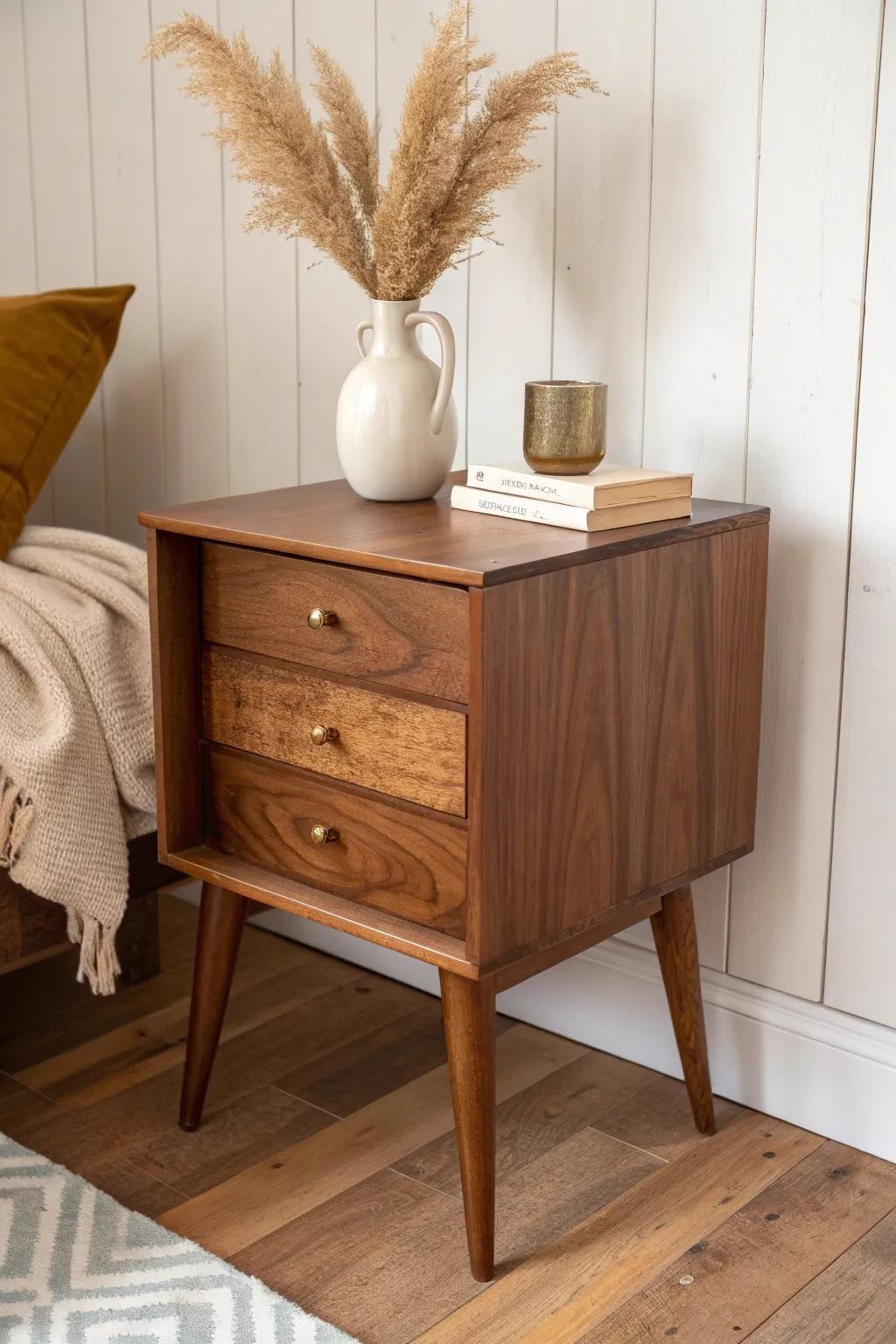 Thrifted nightstand charm—mismatched origins, unified stain, and cozy budget farmhouse style.