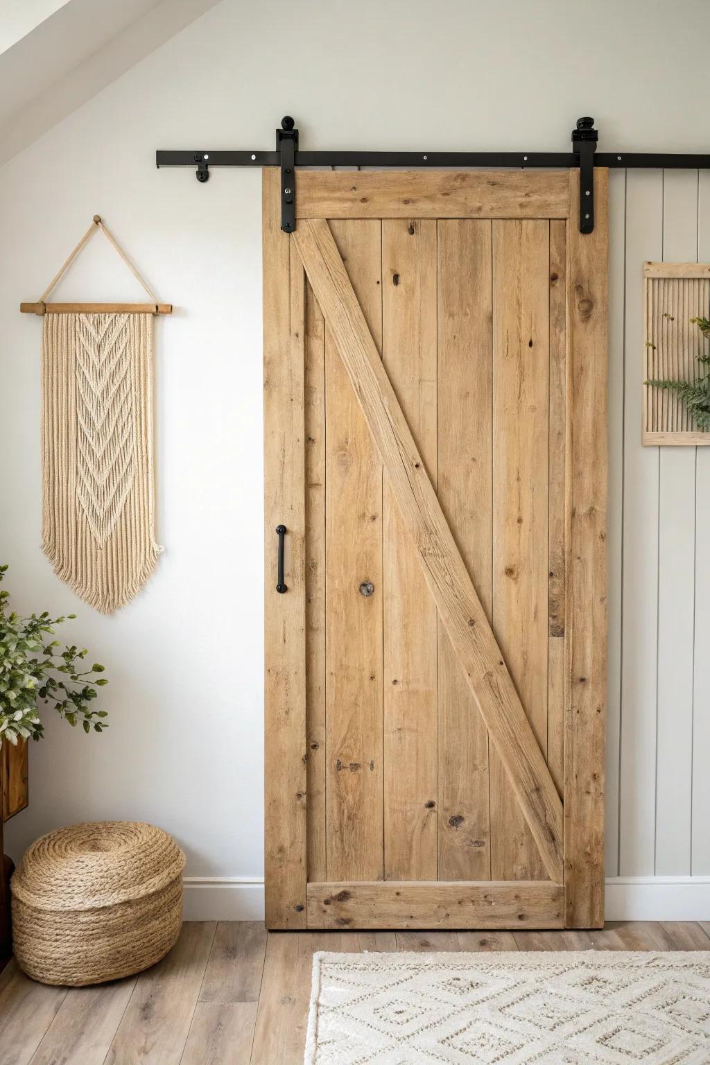 Space-saving farmhouse charm: a reclaimed-wood sliding barn door that elevates any closet.