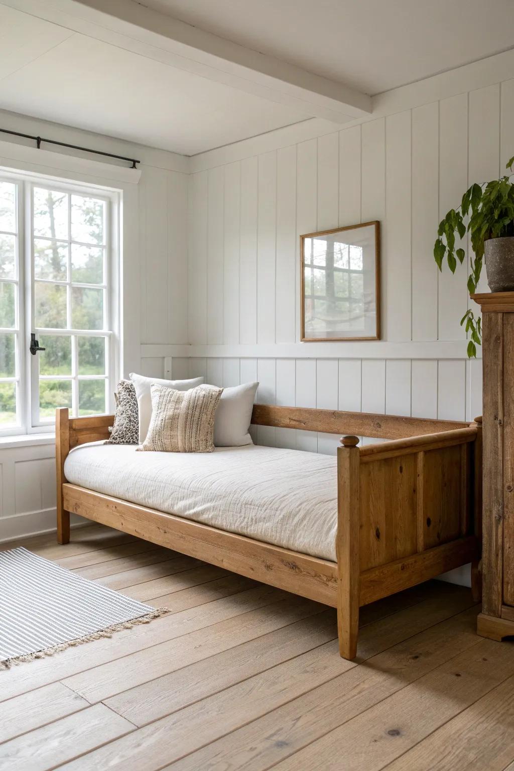 Matte-sealed natural wood daybed—knotty grain and airy linen for light farmhouse style.