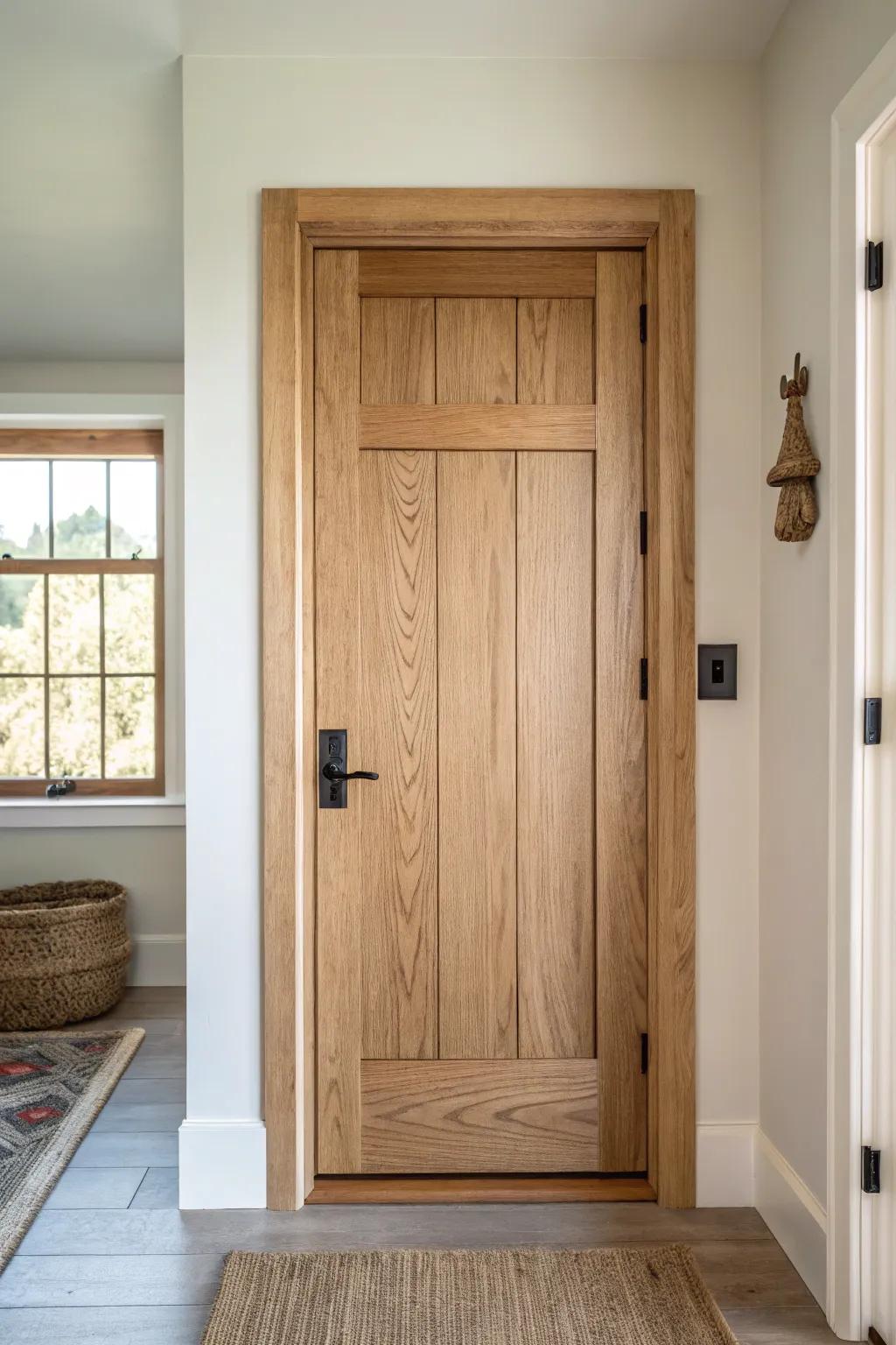 Calm, classic Shaker farmhouse door—clean lines, natural oak grain, and timeless craftsmanship.