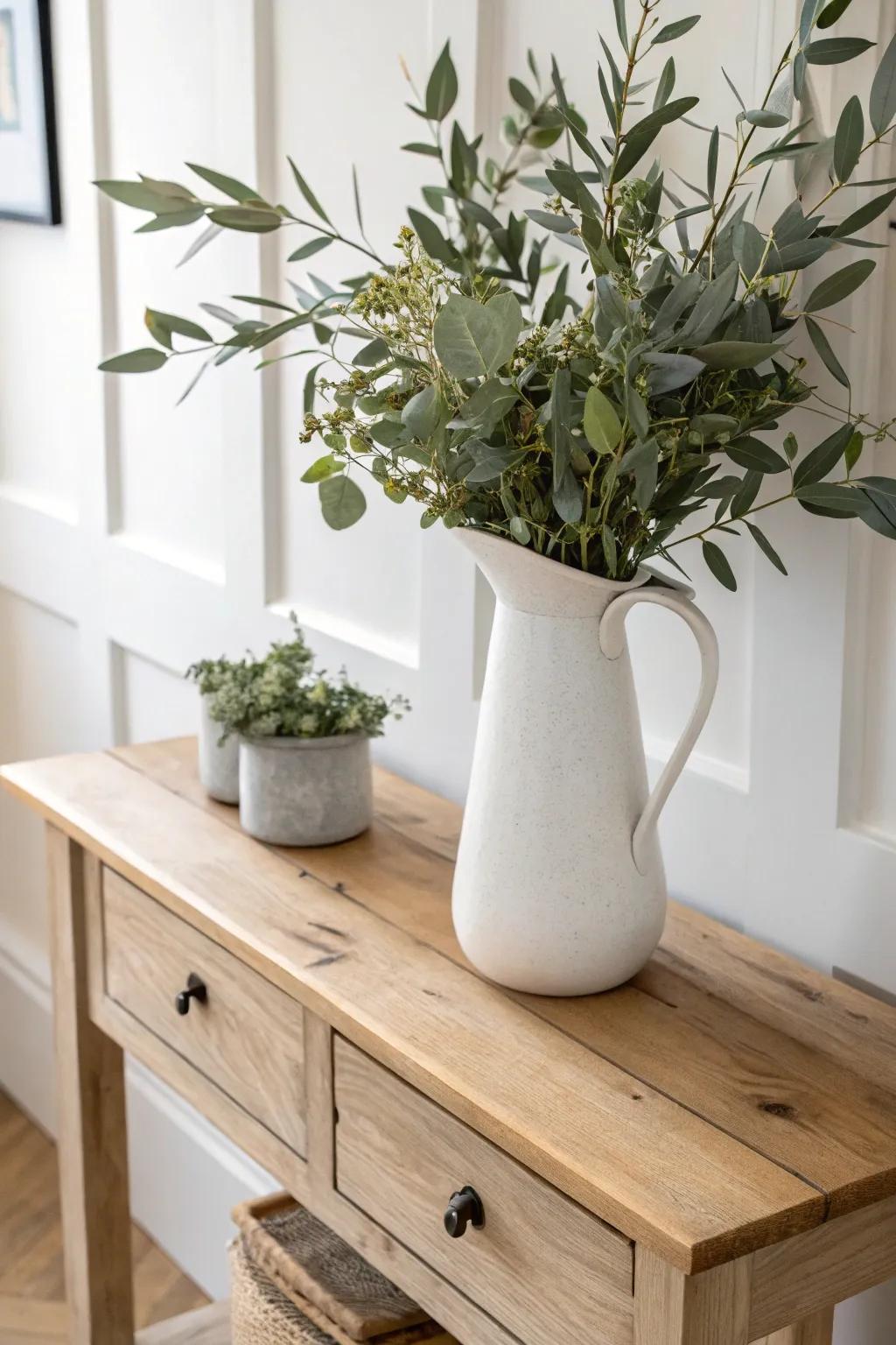 Eucalyptus and olive branches in a ceramic pitcher—simple, fresh farmhouse entry table charm.