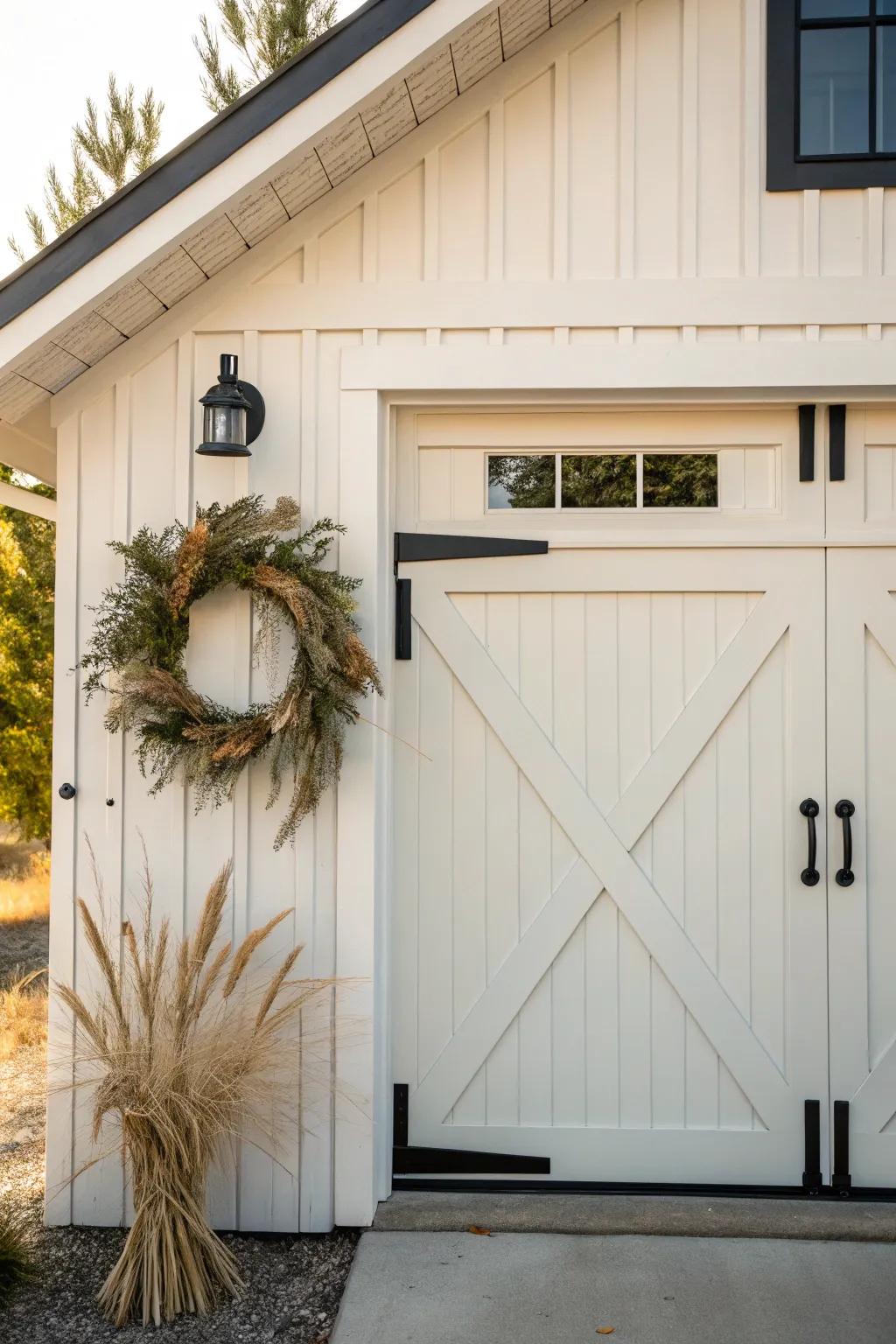 Crisp white garage door with black hardware—an instant farmhouse refresh that feels new-build.