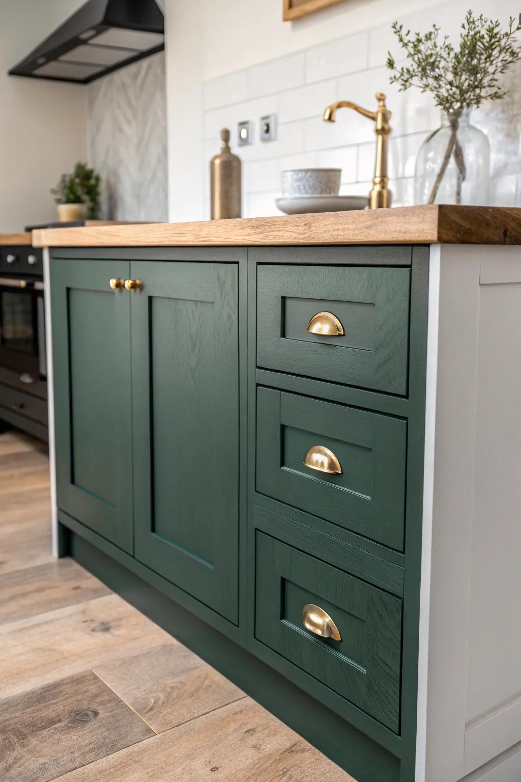 Two-tone farmhouse cabinets: moody base, soft uppers—practical, cozy, and timeless.