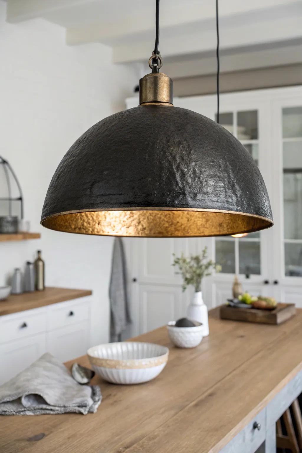 Matte black industrial dome pendant with warm gold interior glow over a pale oak island.