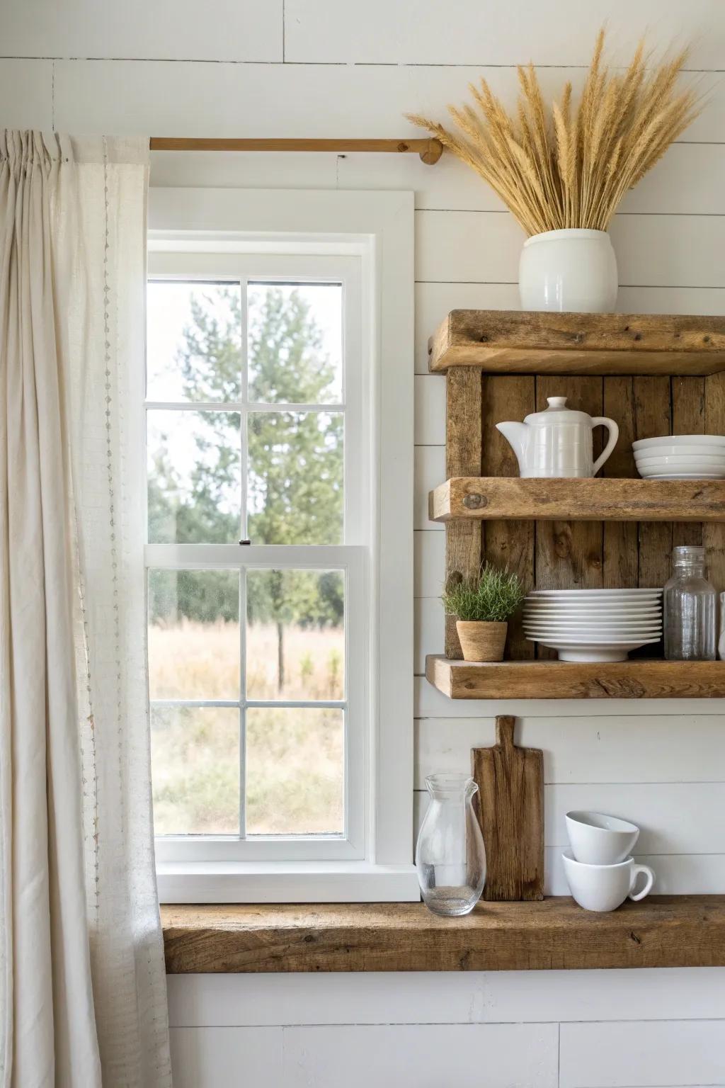 Floating reclaimed-wood shelves flanking the window for simple, practical farmhouse styling.