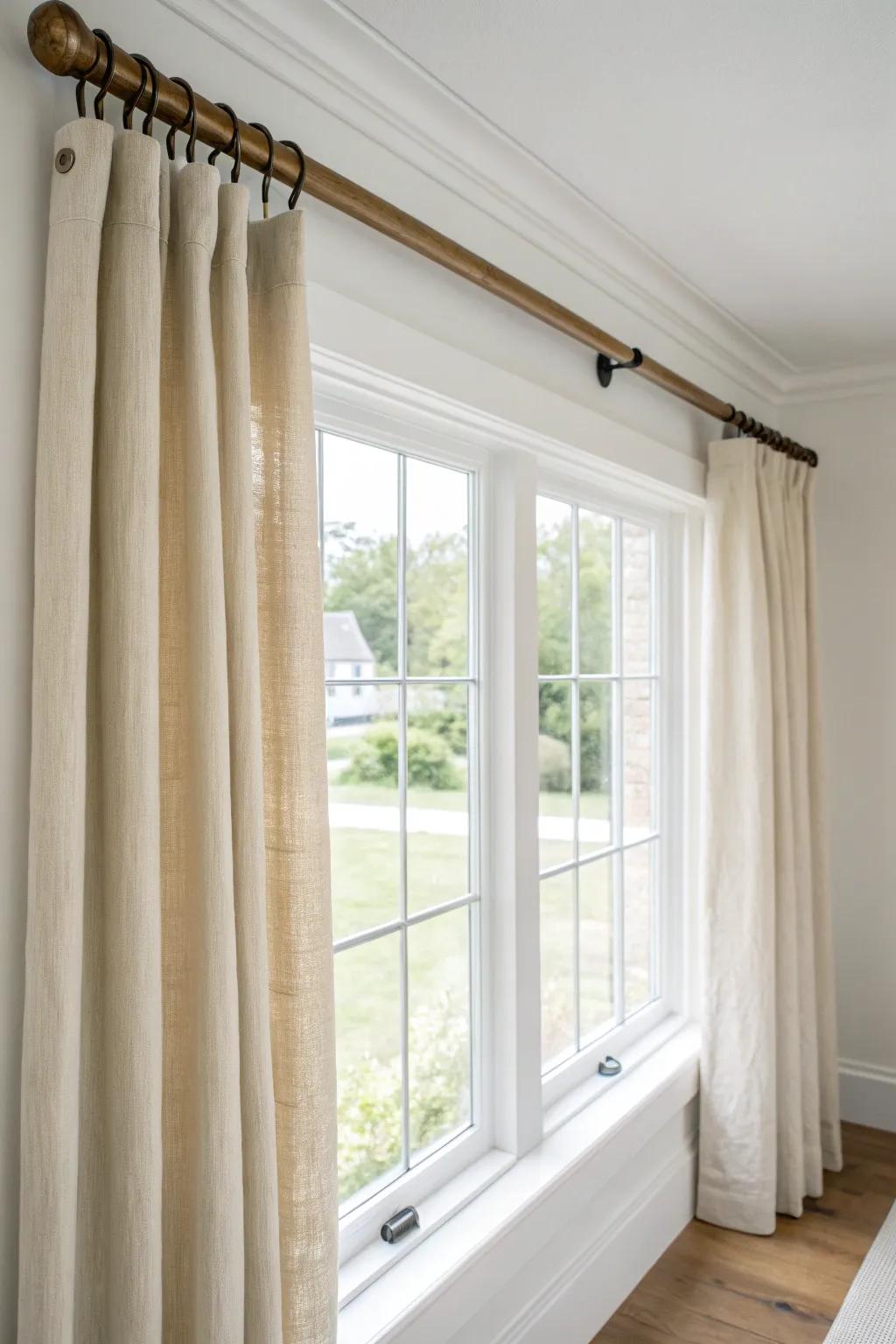 Hang curtains high and wide for a bigger-window look—warm wood rod, airy linen, instant wow.