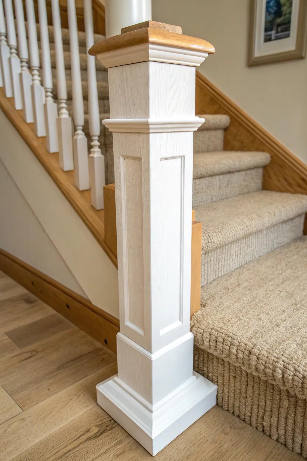 Simple square newel posts: crisp, sturdy, and perfectly farmhouse with a clean painted finish.