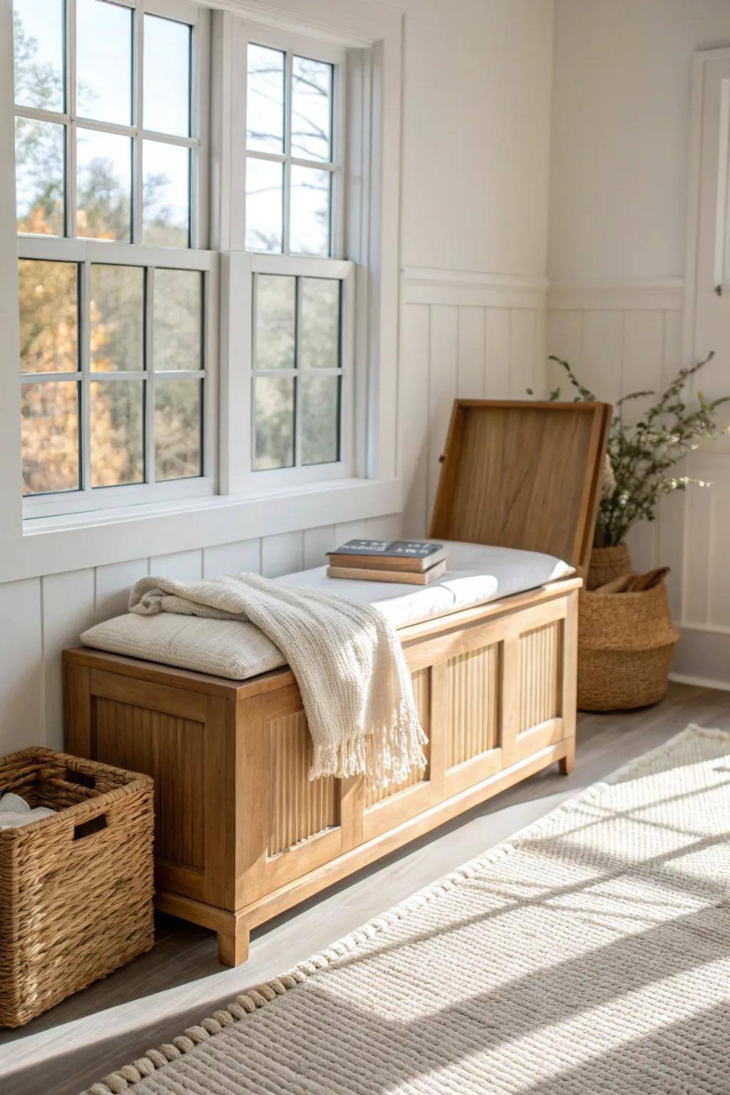 A window-seat storage bench that hides toys in deep bins—farmhouse charm with clean, cozy style.