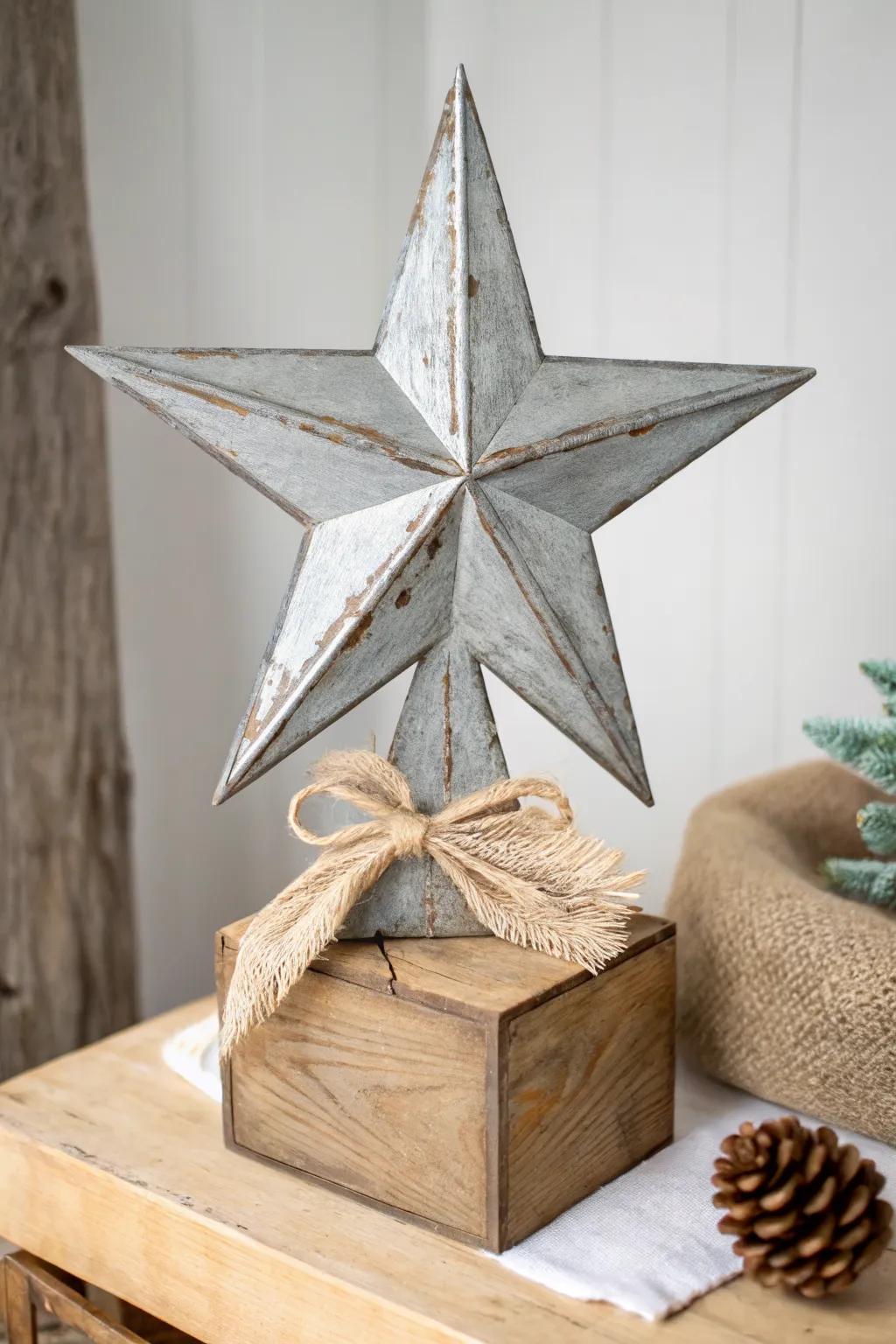 Distressed metal star topper with a tiny burlap knot—farmhouse charm in a clean, modern look.