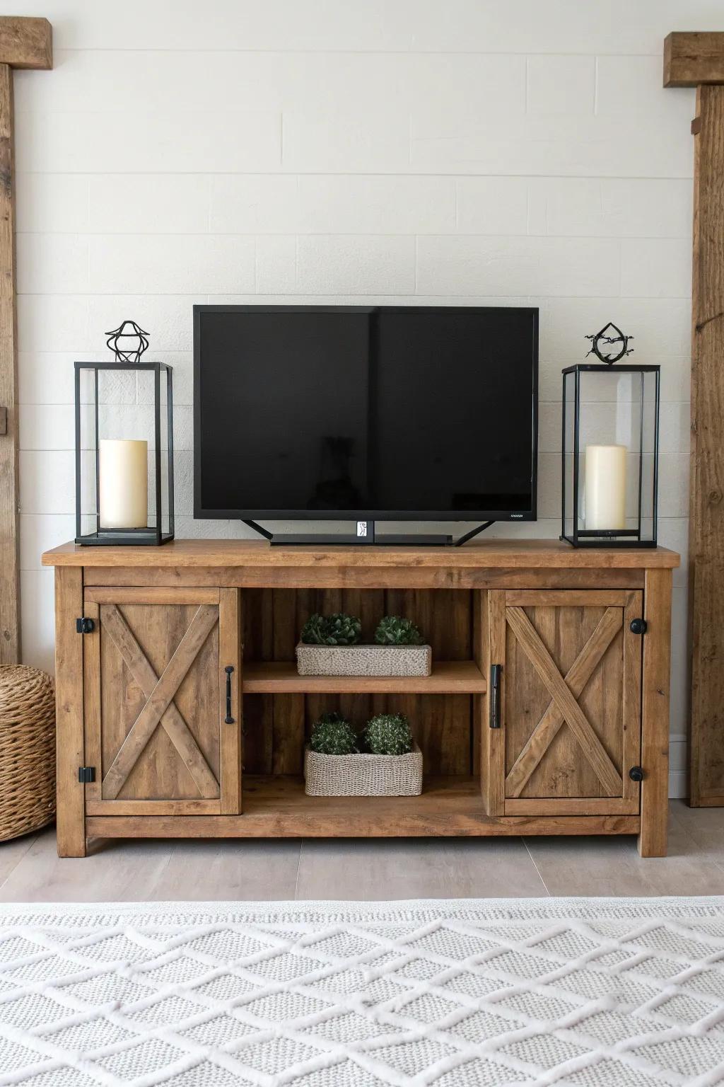Symmetry on both sides—matching lanterns make your farmhouse TV stand feel instantly intentional.