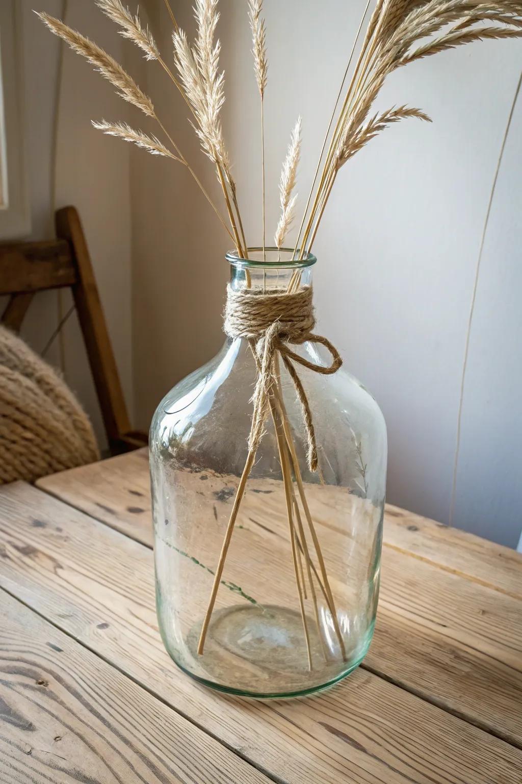 Clear glass jug + jute neck wrap—an airy farmhouse vase that glows beautifully at golden hour.