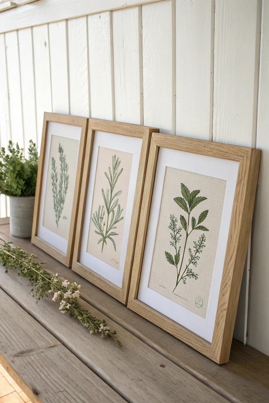Airy oak-framed herb print trio—simple farmhouse charm with a fresh, botanical kitchen vibe.