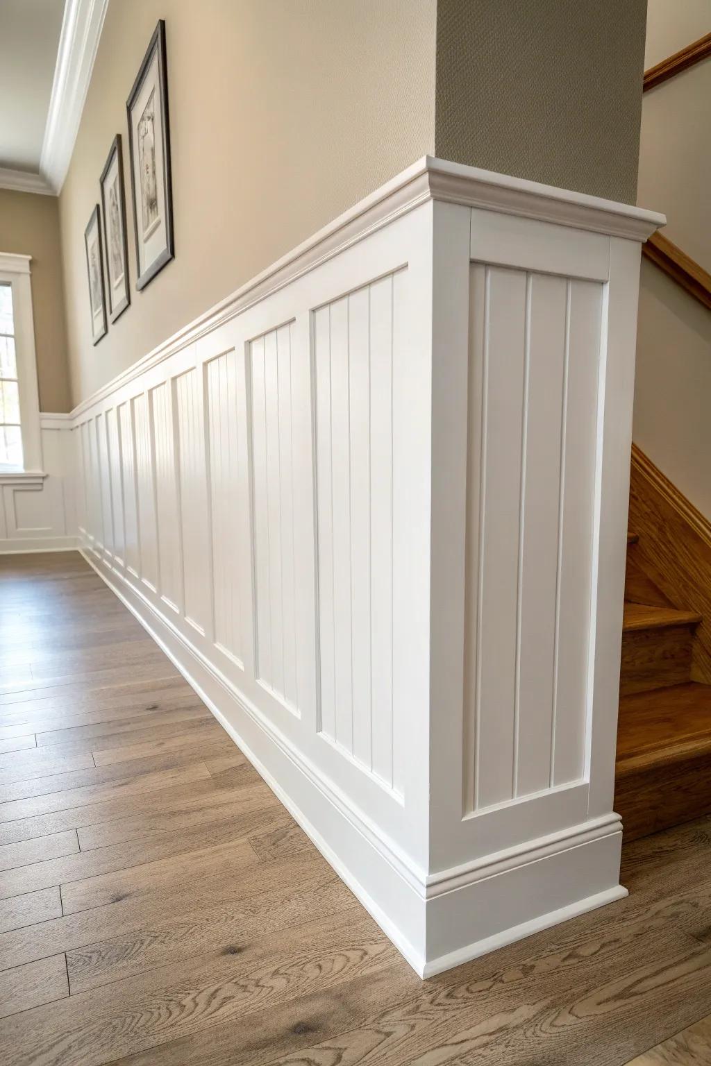 Crisp half-wall wainscoting for farmhouse durability—clean lines, soft light, timeless charm.