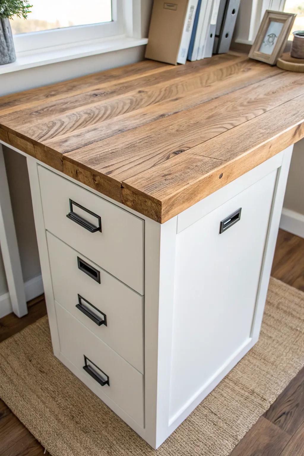 Farmhouse plank-top file-cabinet desk—warm pine grain, clean lines, cozy workspace charm.
